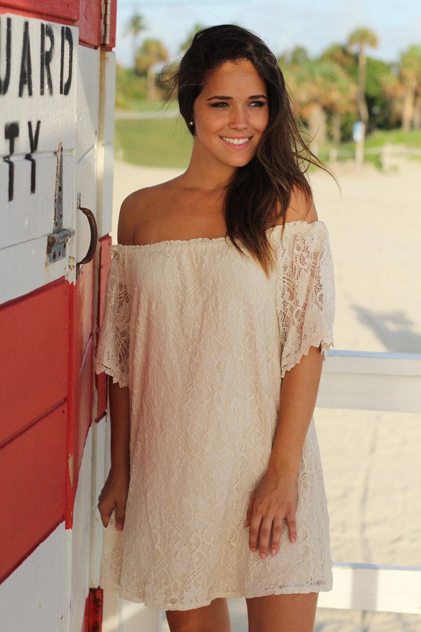 Natural Lace Off Shoulder Short Dress