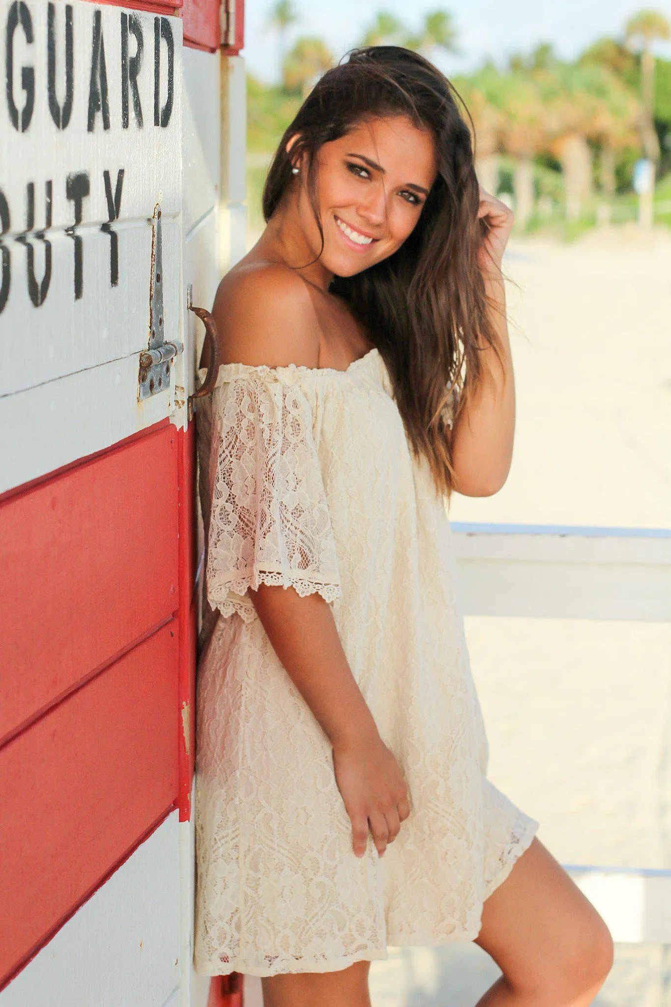 Natural Lace Off Shoulder Short Dress