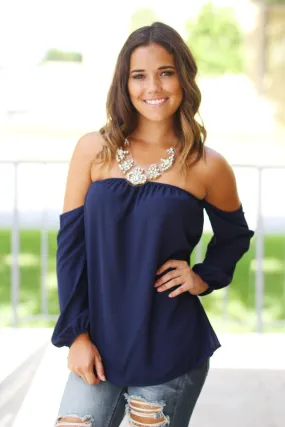 Navy Long Sleeve Off Shoulder Top