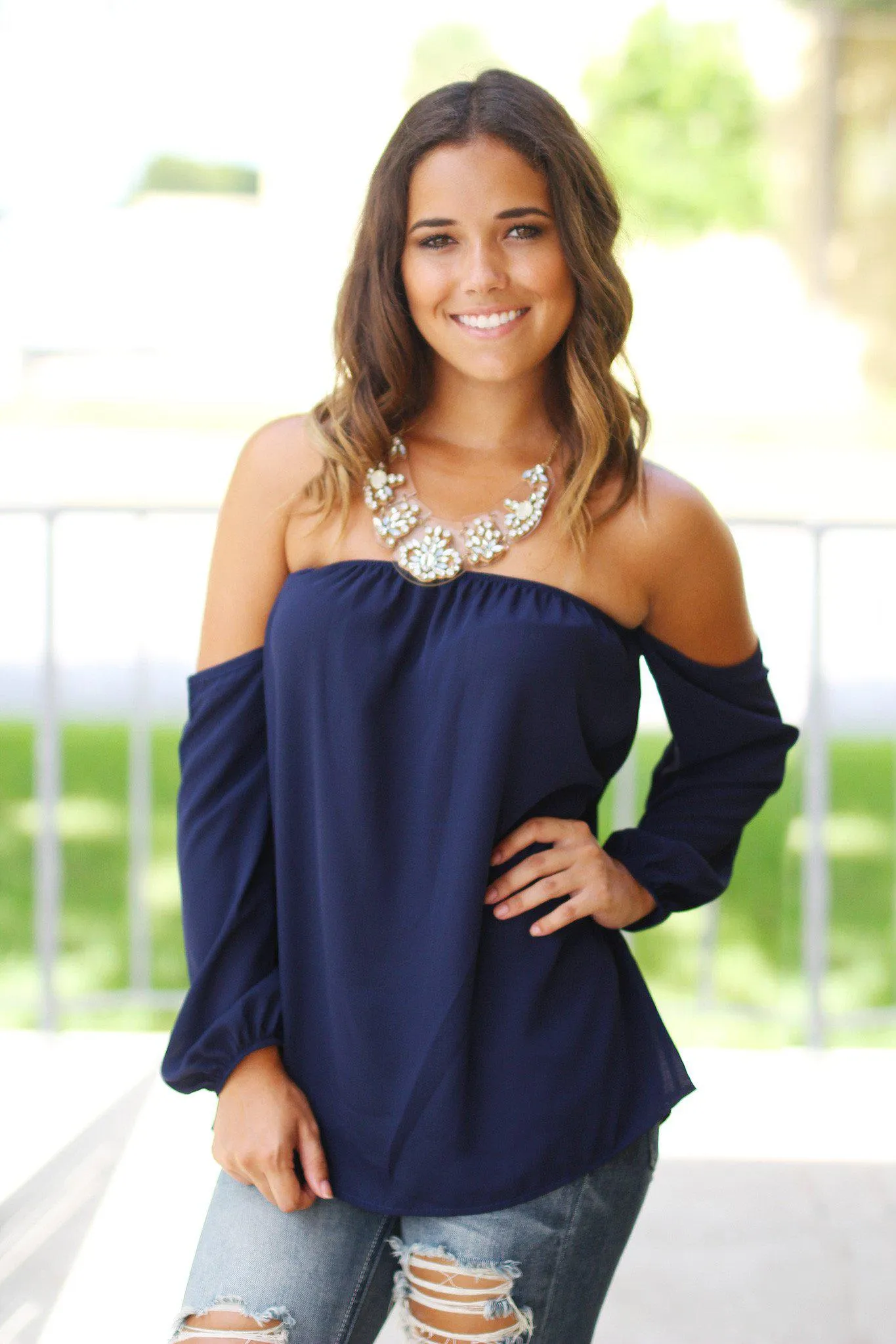 Navy Long Sleeve Off Shoulder Top