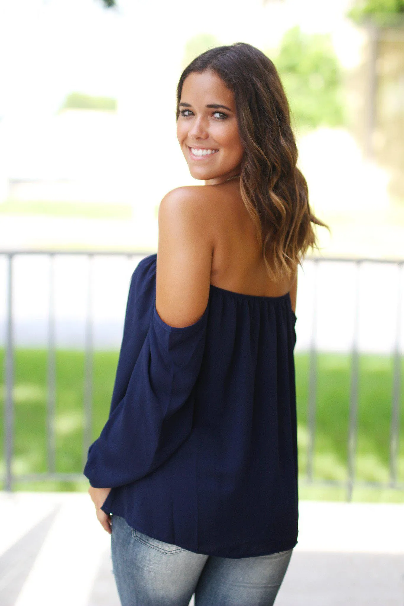 Navy Long Sleeve Off Shoulder Top