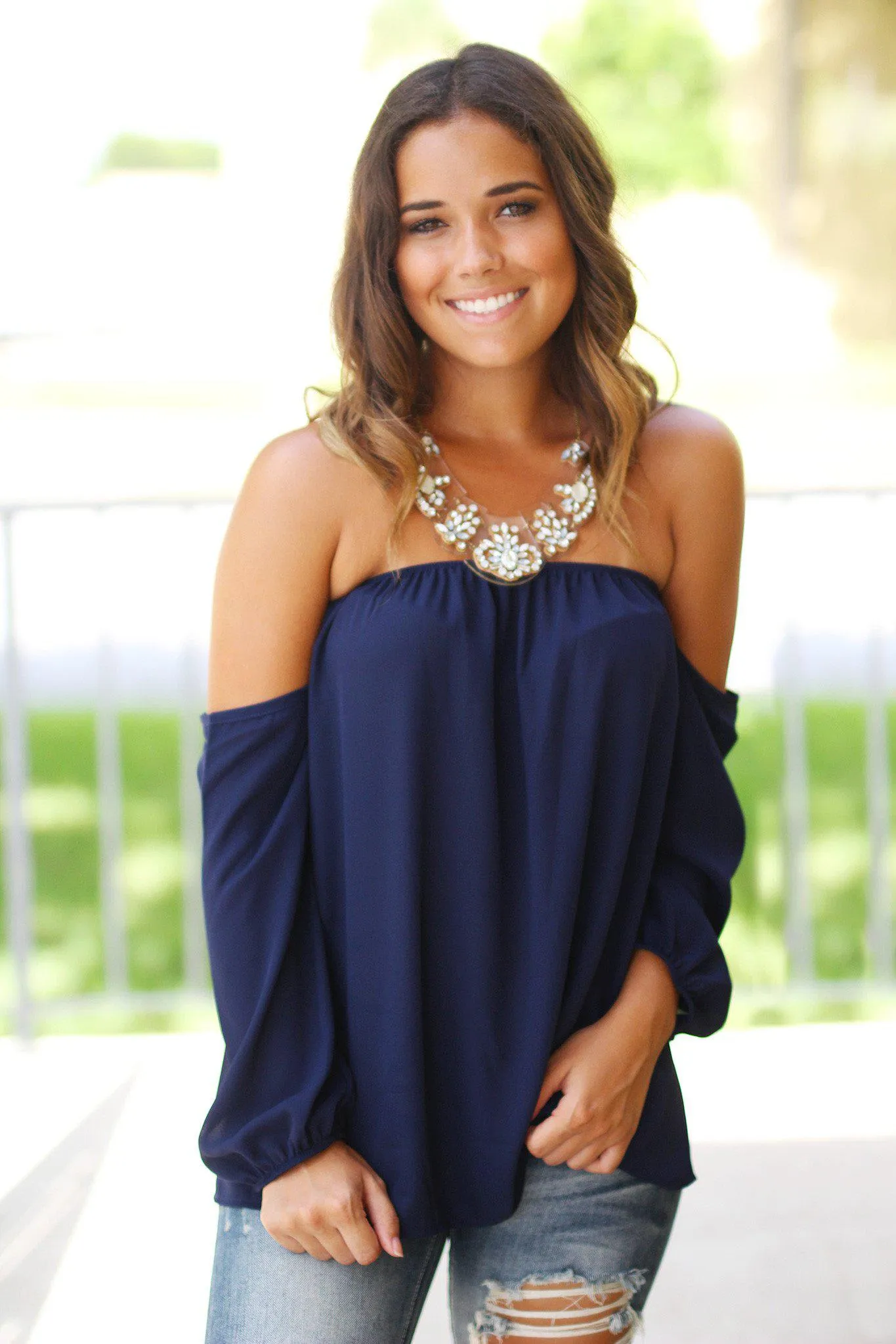 Navy Long Sleeve Off Shoulder Top