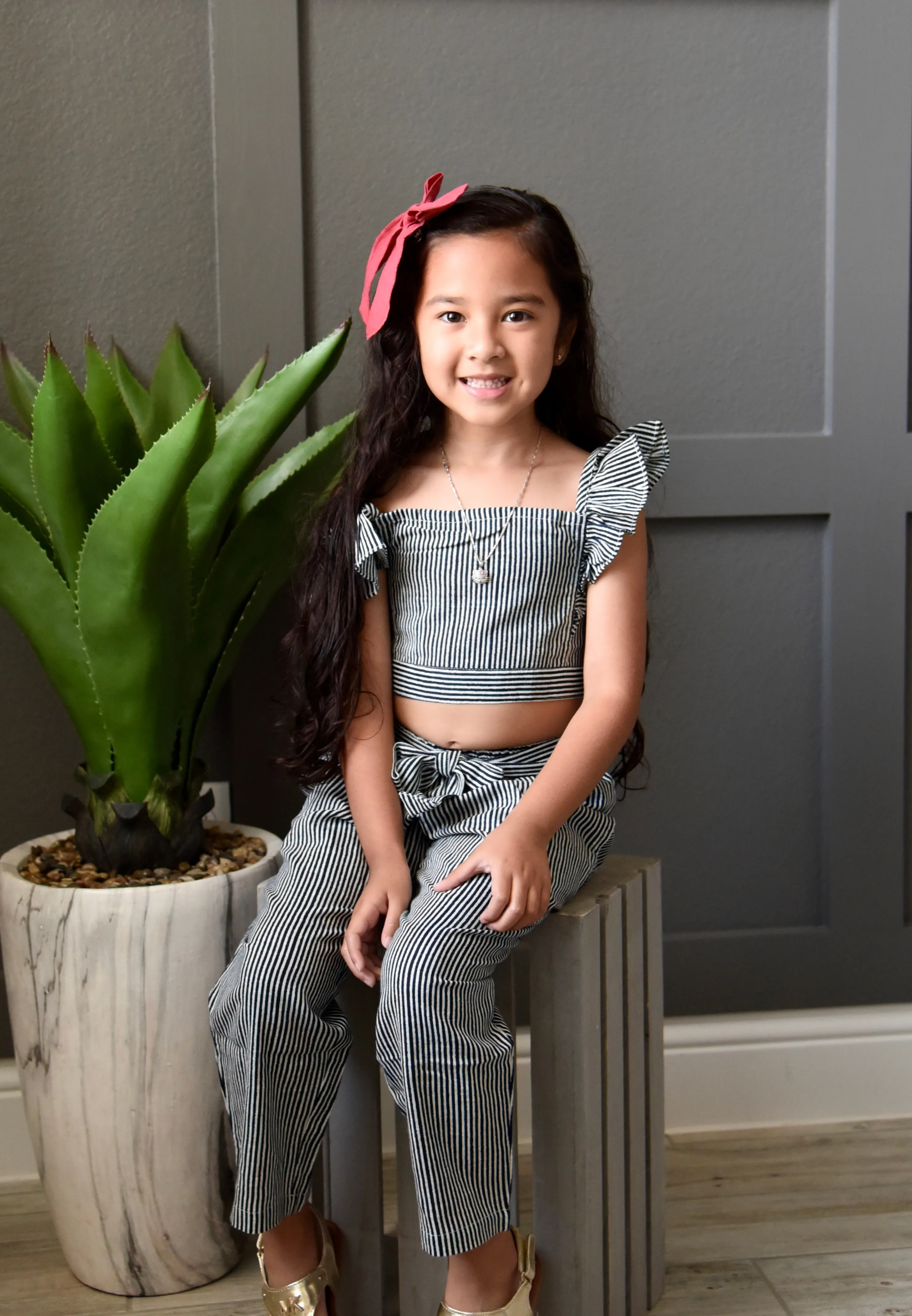 Navy-Striped Smocked Ruffle Top and Pants 2 pc set