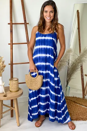 Navy Tie Dye Maxi Dress With Pockets