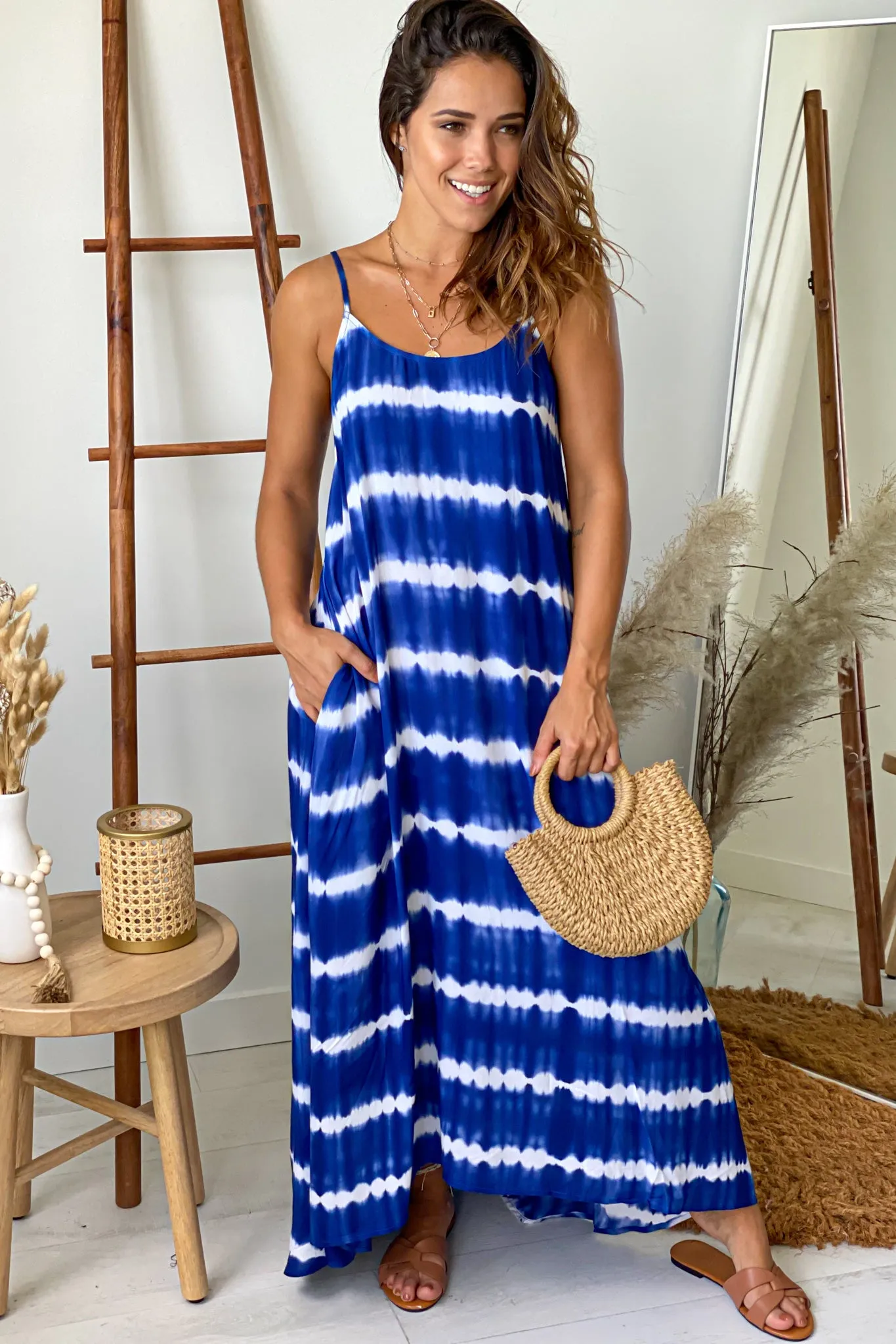 Navy Tie Dye Maxi Dress With Pockets