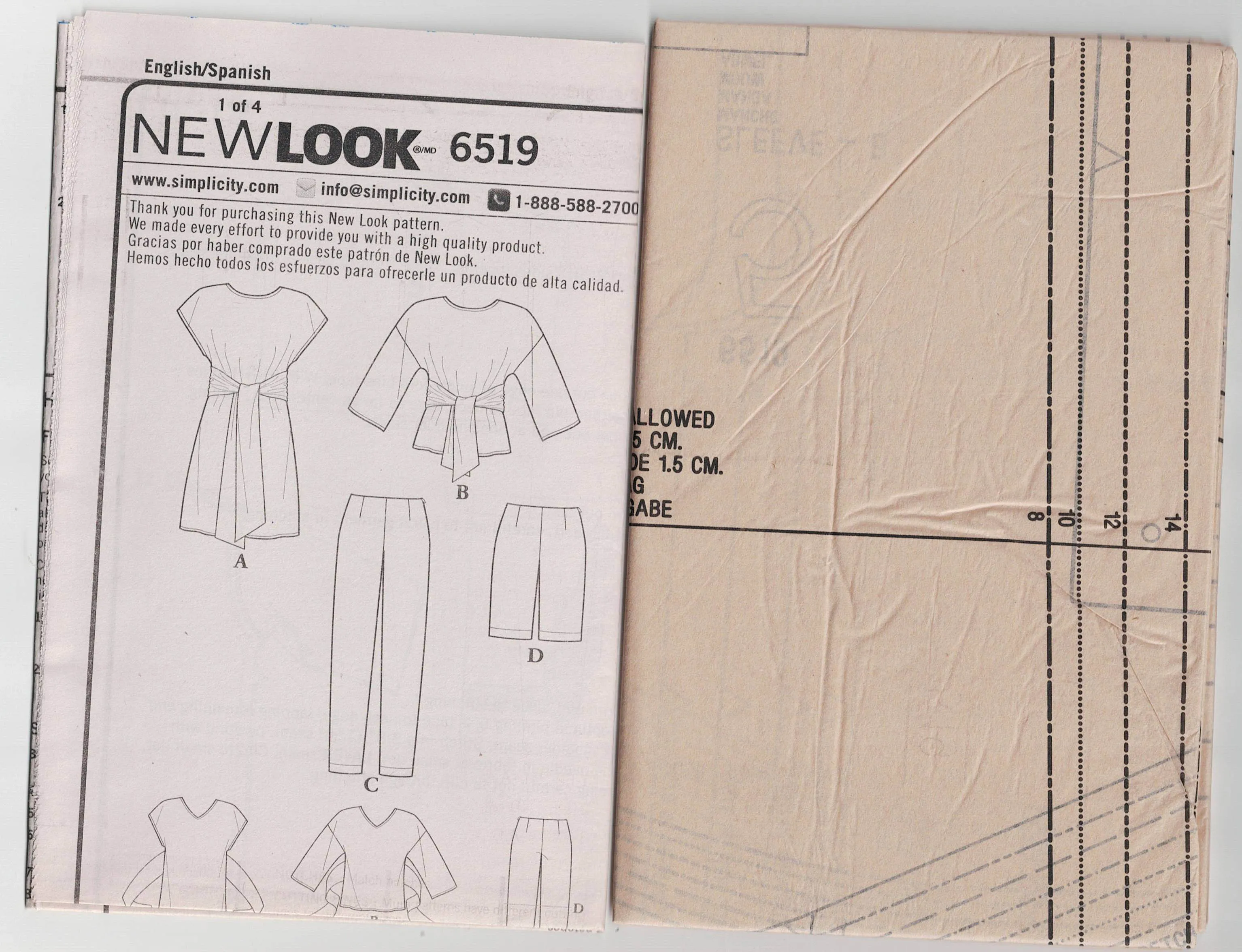 New Look 6519 Womens EASY Tie Front Dress or Top Shorts & Pants Out Of Print Sewing Pattern Size 8 - 20 UNCUT Factory Folded