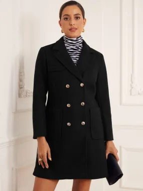 Notched Lapel Pockets Double Breasted Long Sleeve Pea Coat