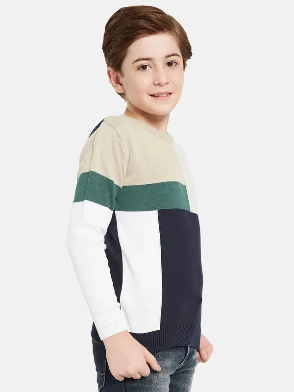 Octave Boys Cream-Coloured White Colourblocked Pullover