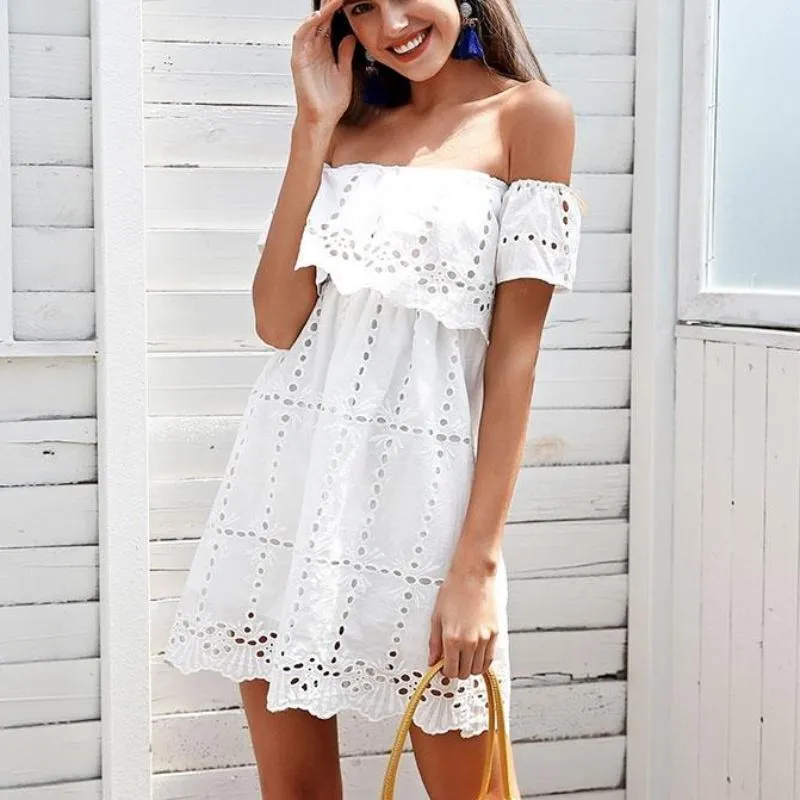 Off Shoulder Lace White Hollow Out Dress