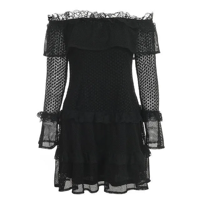 Off Shoulder Ruffle Lace Sexy Hollow Out Mini Dress