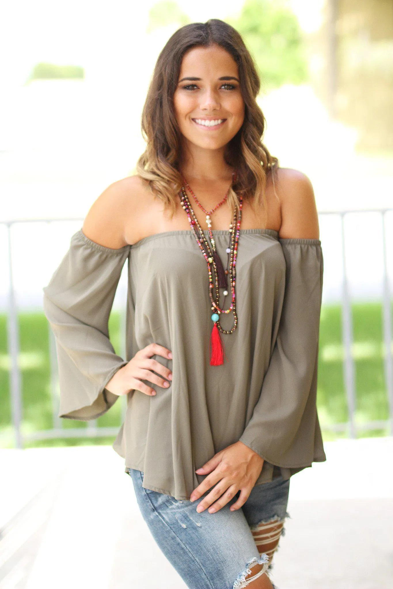 Olive Long Sleeve Off Shoulder Top