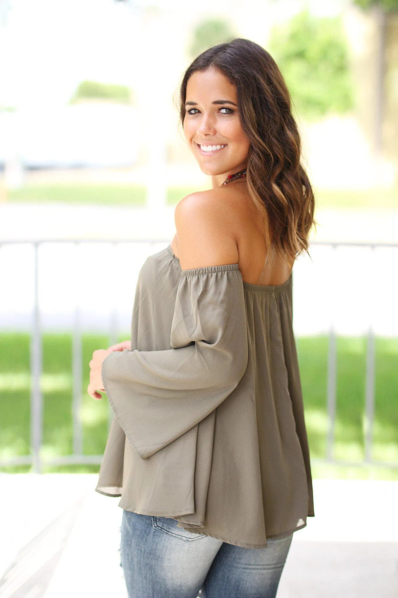 Olive Long Sleeve Off Shoulder Top