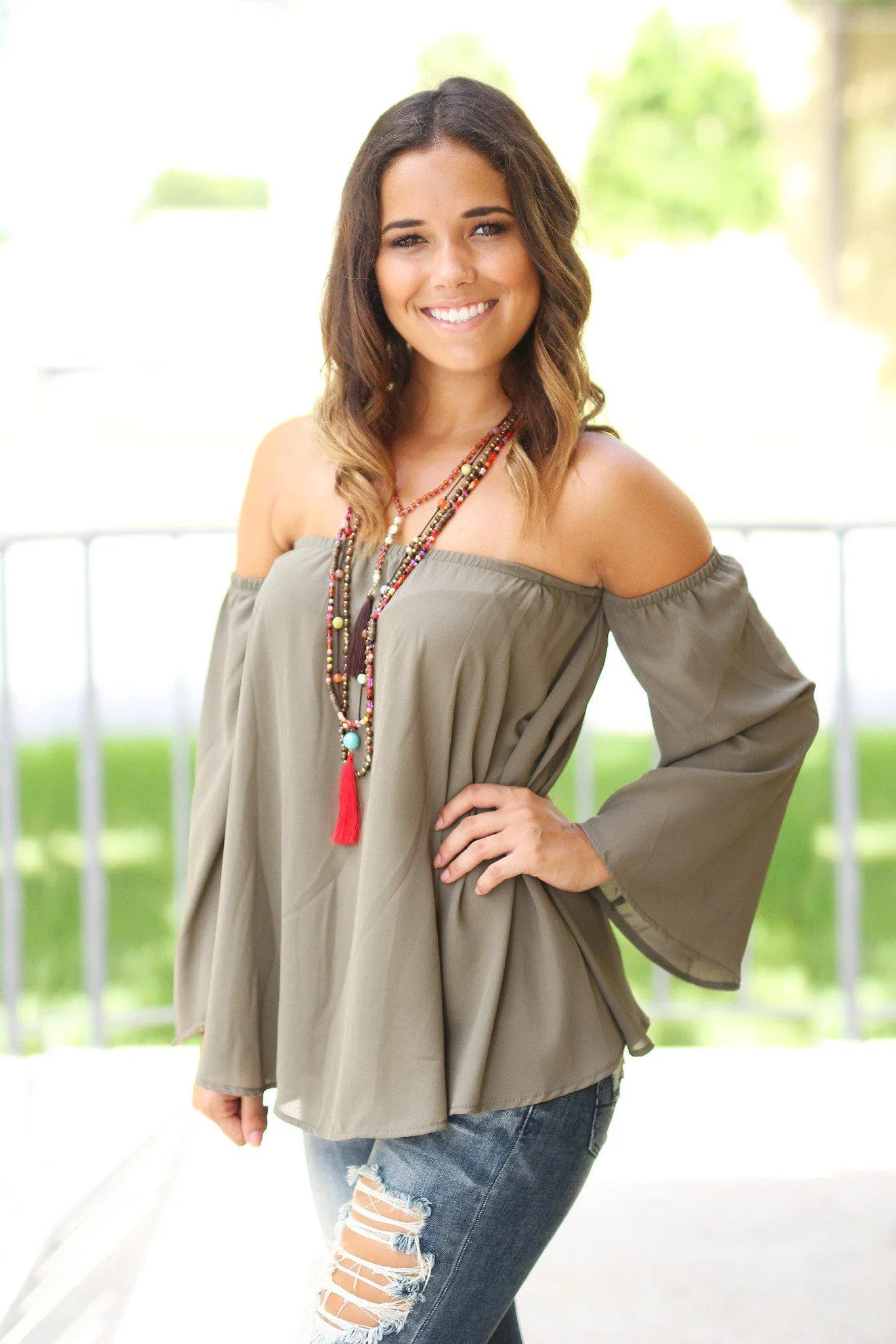 Olive Long Sleeve Off Shoulder Top