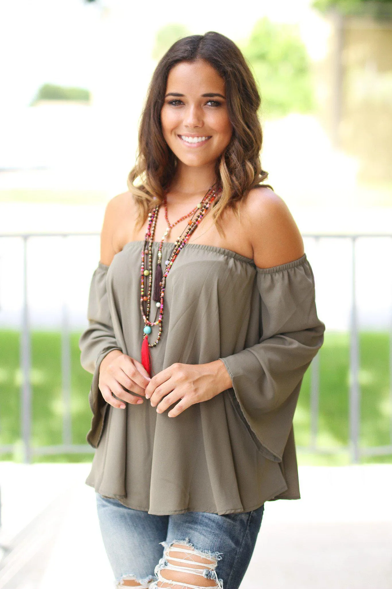 Olive Long Sleeve Off Shoulder Top