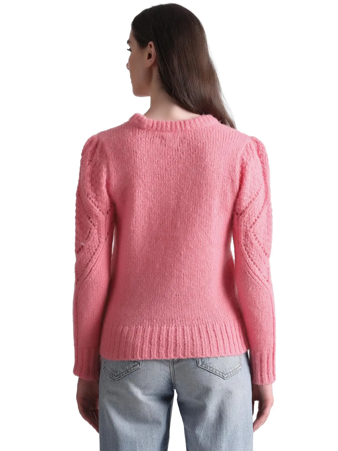 Only Women's Polyester Blend Round Neck Pink Pullover