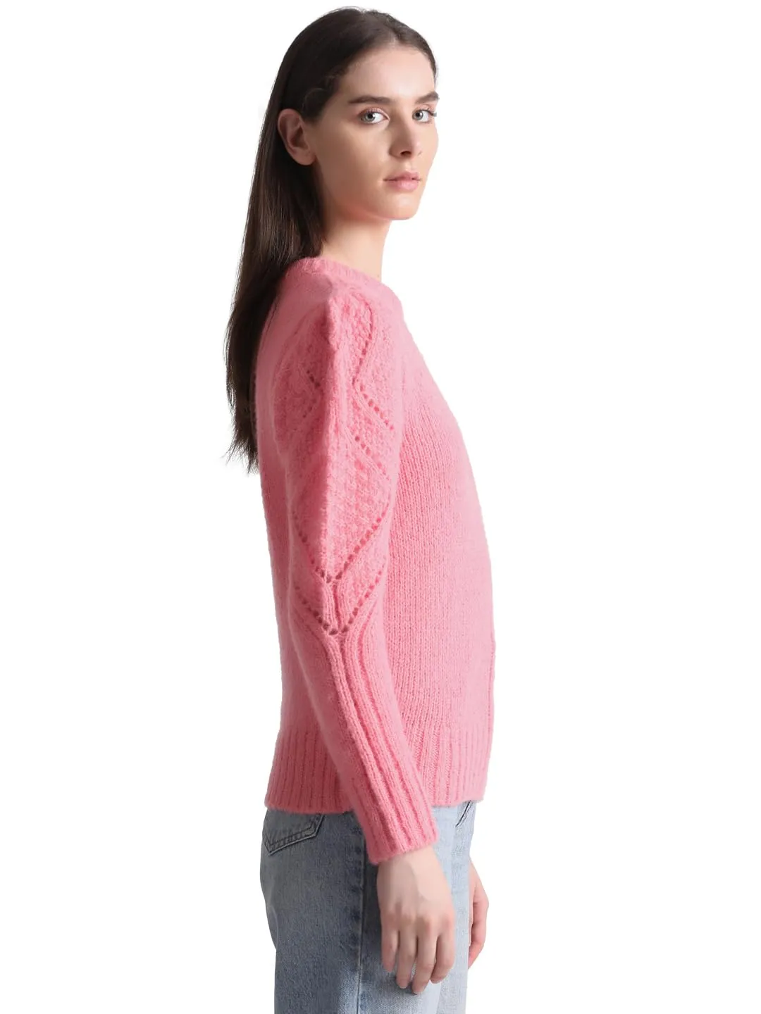 Only Women's Polyester Blend Round Neck Pink Pullover