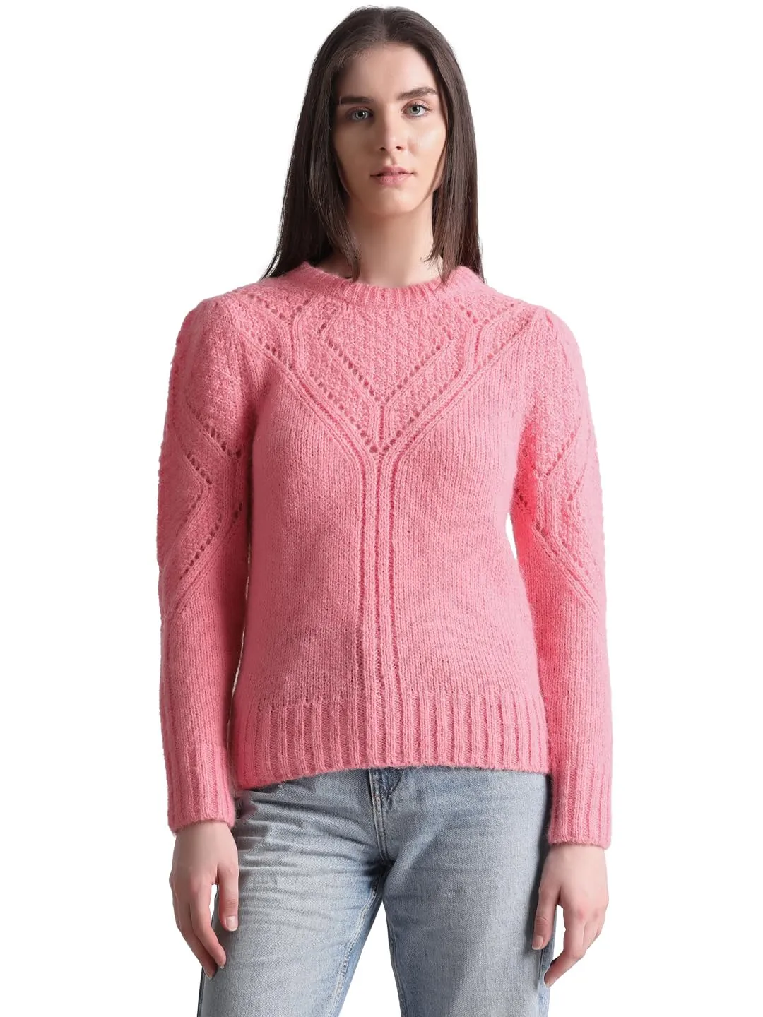 Only Women's Polyester Blend Round Neck Pink Pullover