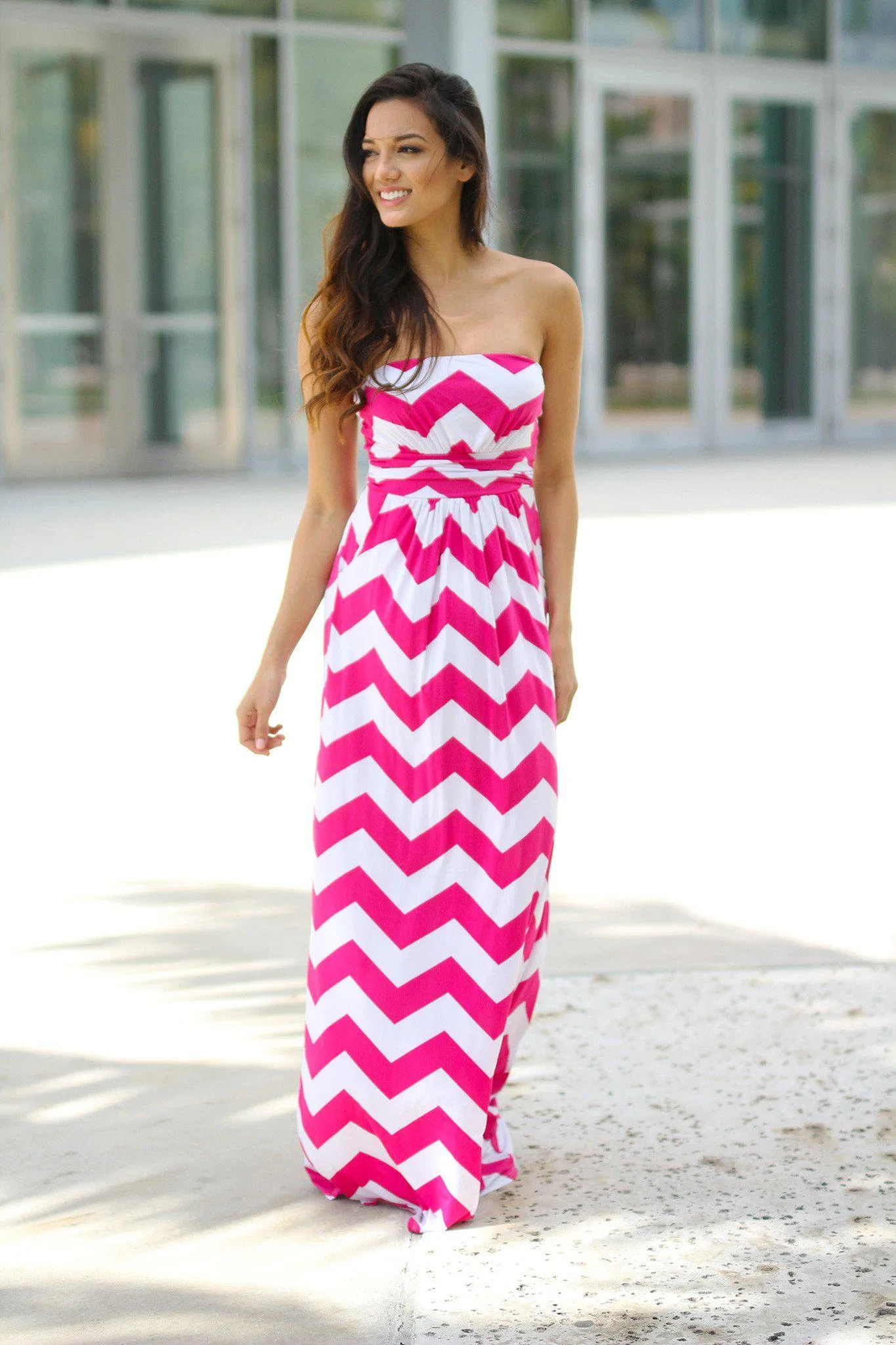 Pink and White Chevron Maxi Dress with Pockets