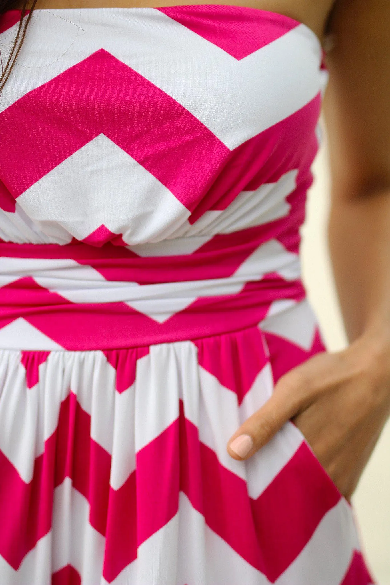 Pink and White Chevron Maxi Dress with Pockets