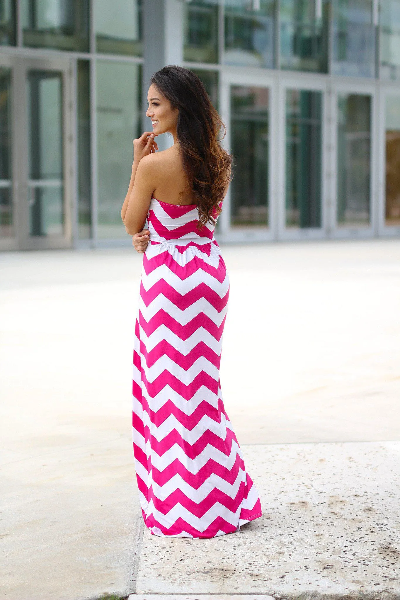 Pink and White Chevron Maxi Dress with Pockets