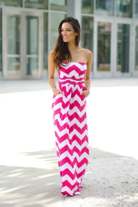 Pink and White Chevron Maxi Dress with Pockets