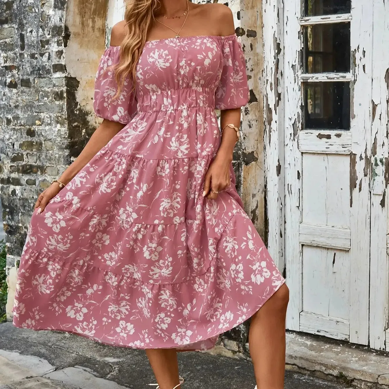 Pink Floral Whisper Ruffle Midi Dress