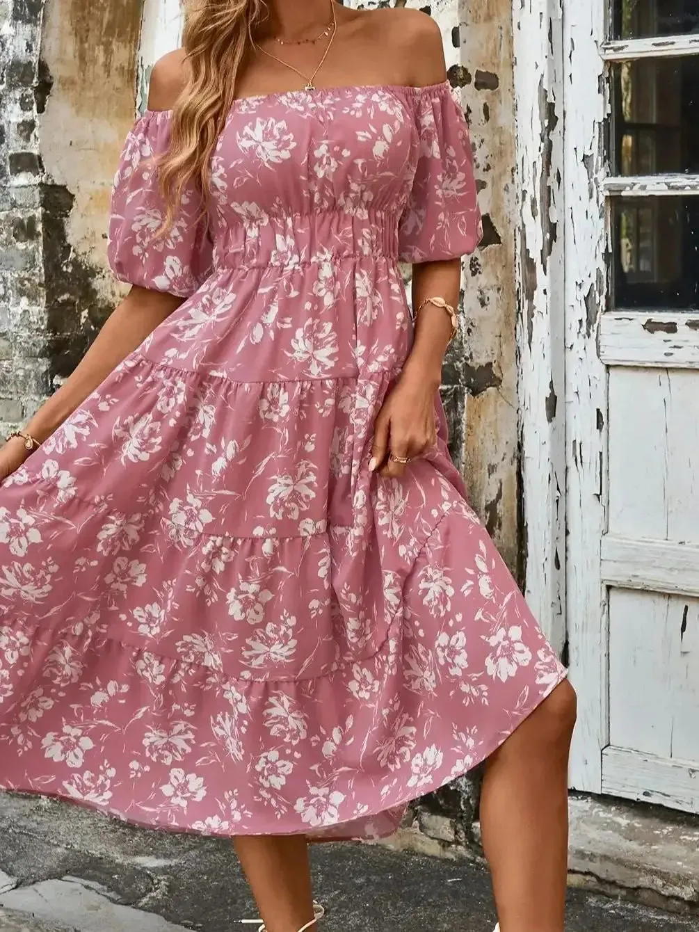 Pink Floral Whisper Ruffle Midi Dress