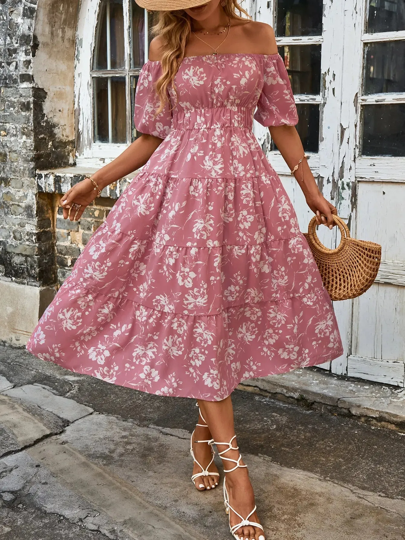 Pink Floral Whisper Ruffle Midi Dress