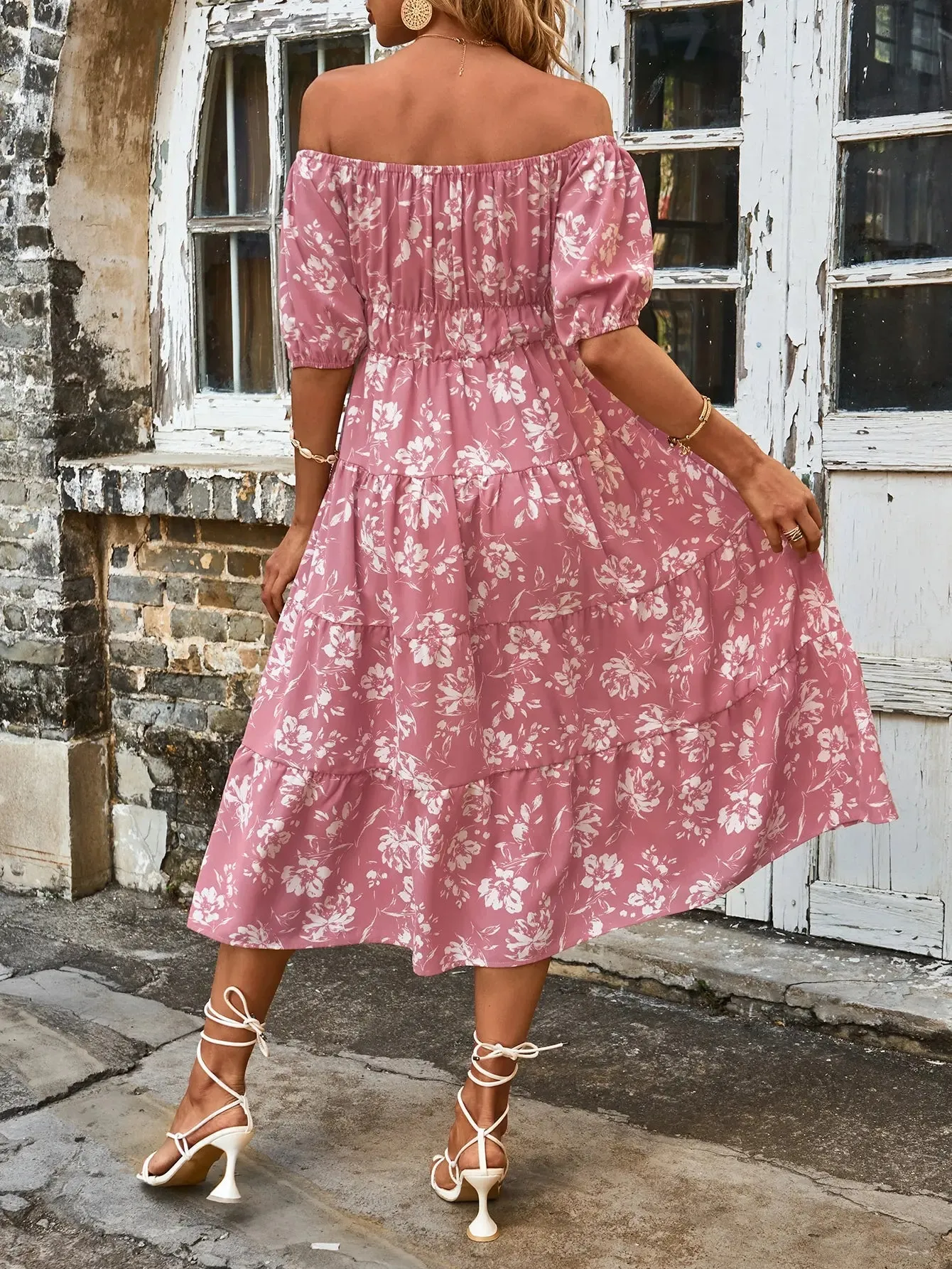 Pink Floral Whisper Ruffle Midi Dress