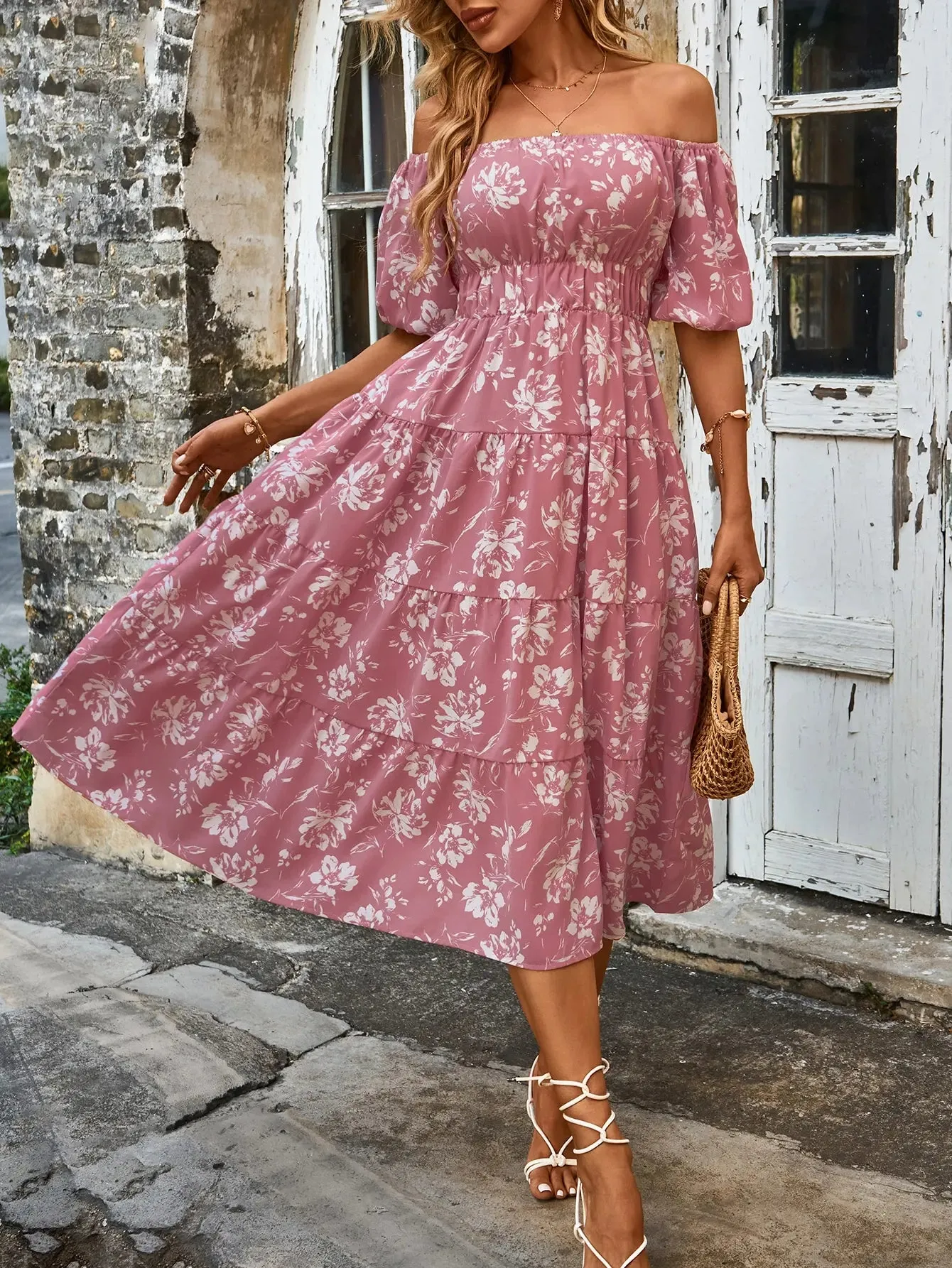 Pink Floral Whisper Ruffle Midi Dress