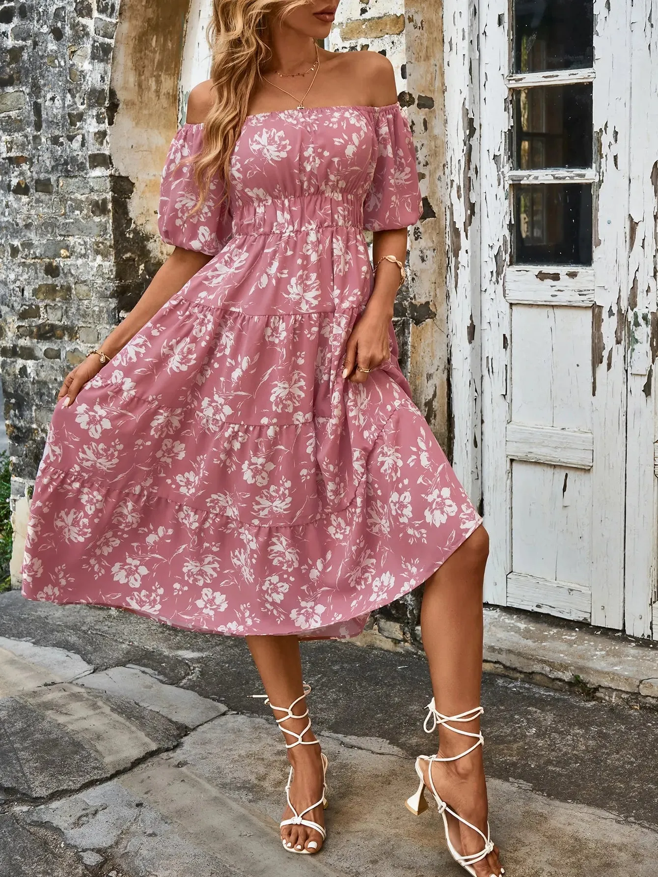 Pink Floral Whisper Ruffle Midi Dress