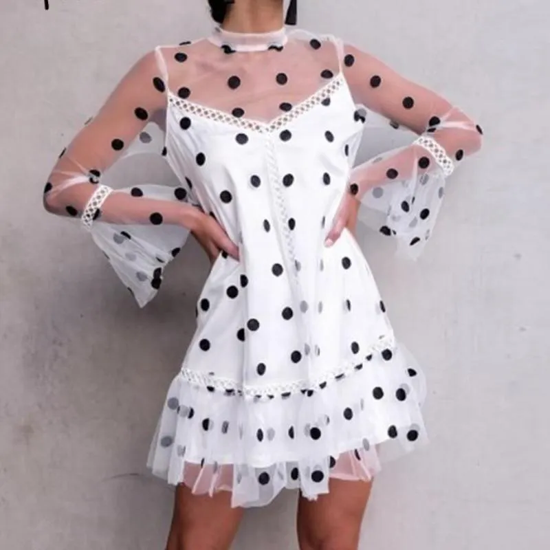 Polka Dot Mesh Mini Sexy Flare Sleeve Dress