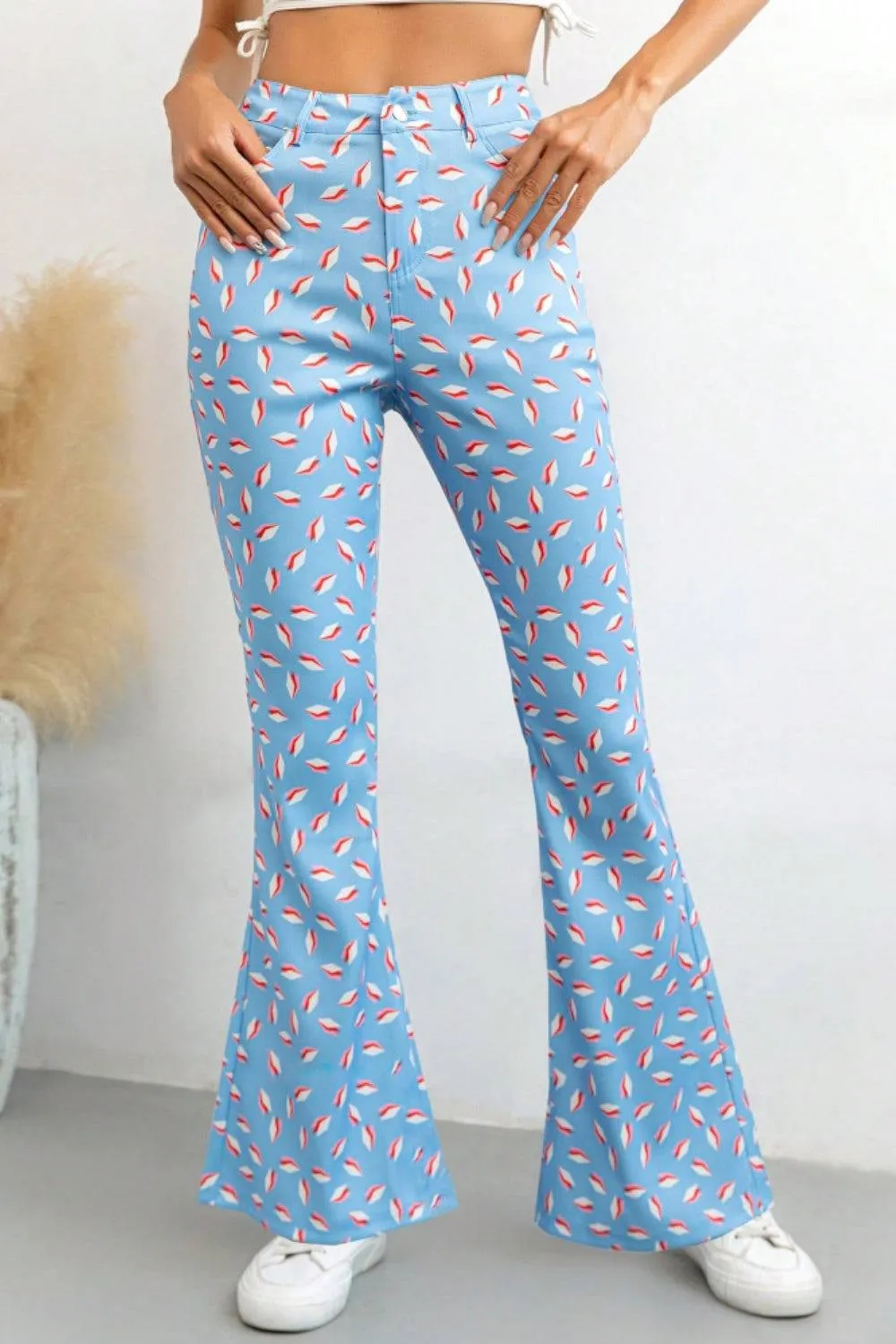 Printed High Waist Flare Pants with Pockets