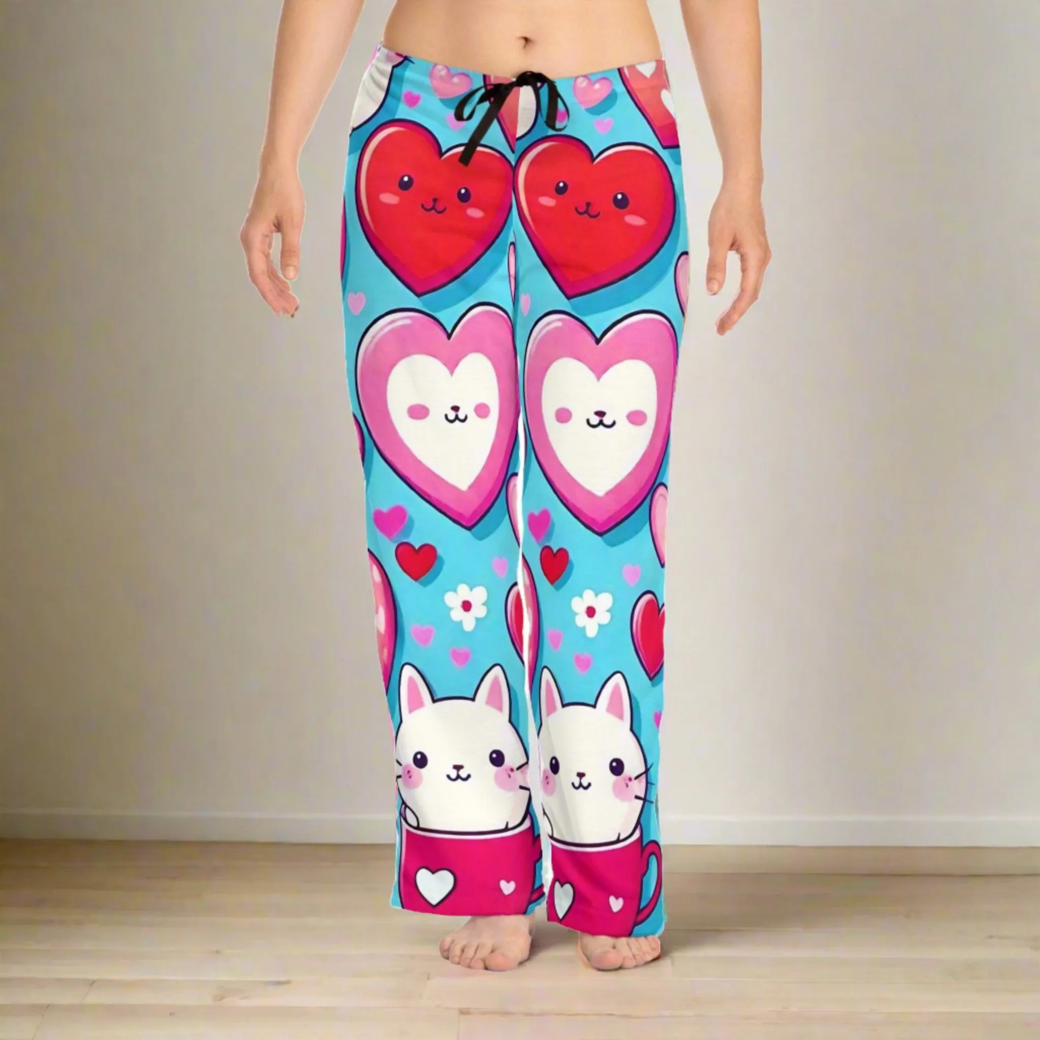 "Kitten Hearts" Women's Pajama Pants with Drawstring