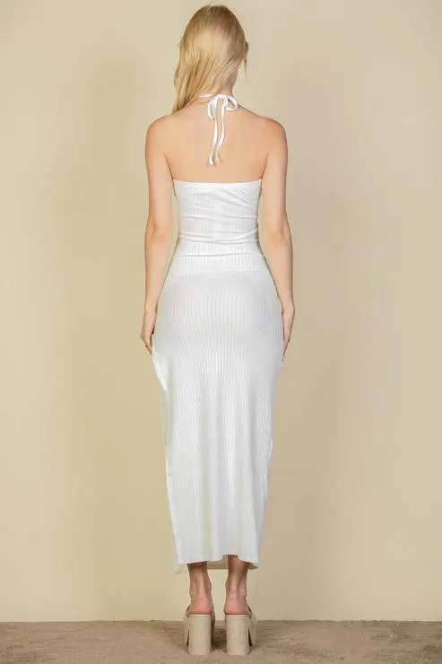 Ribbed Cut Out Front Side Slit Maxi Dress