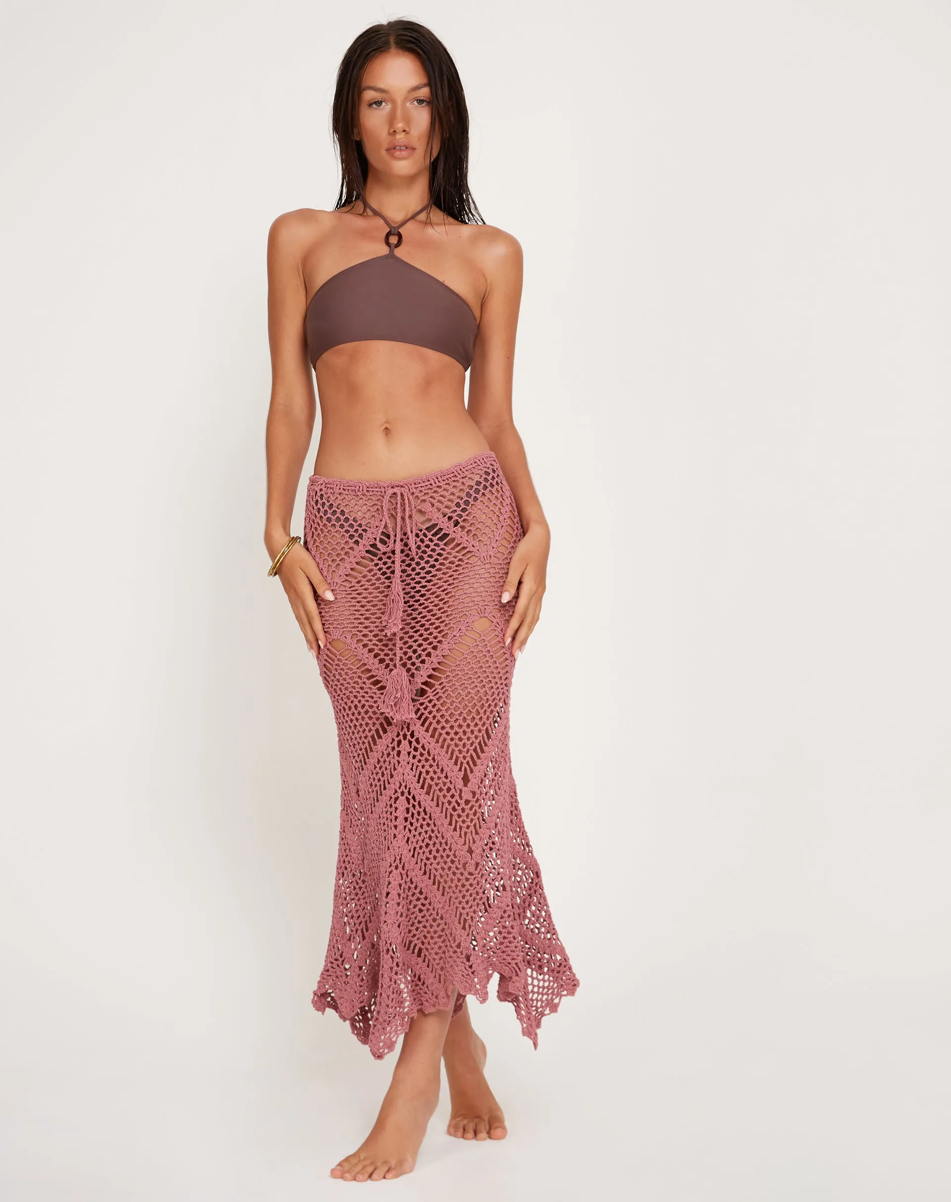 Riyati Crochet Midi Waterfall Skirt in Mauve