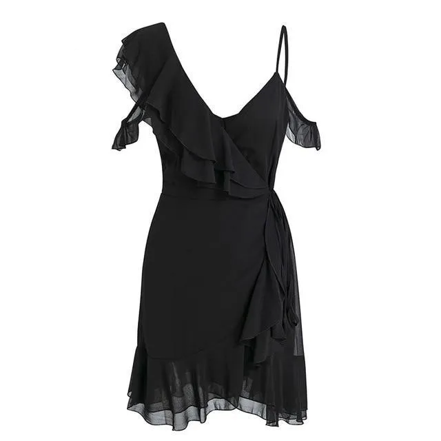 Ruffle Cold Shoulder High Waist Chiffon Dress