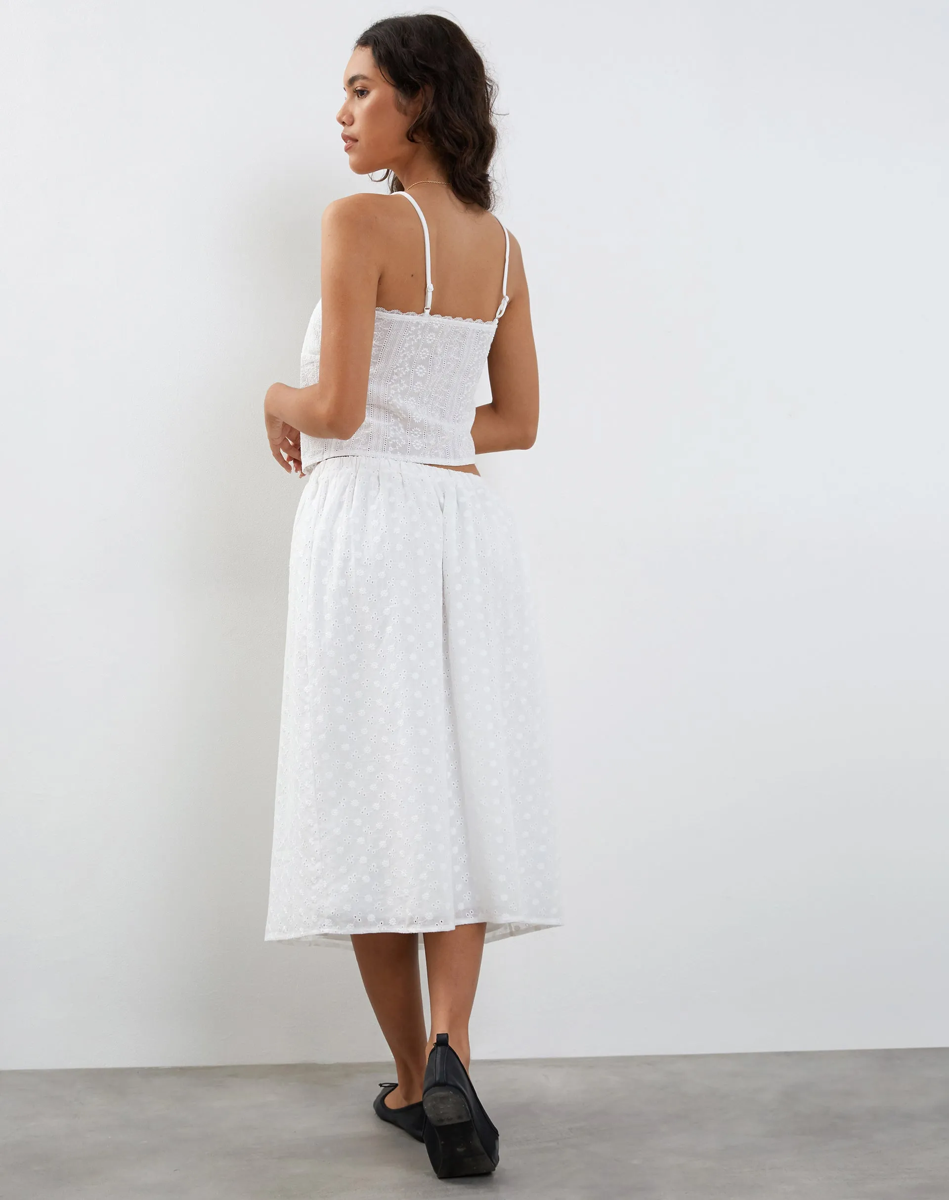 Rusma Midi Skirt in White Broderie