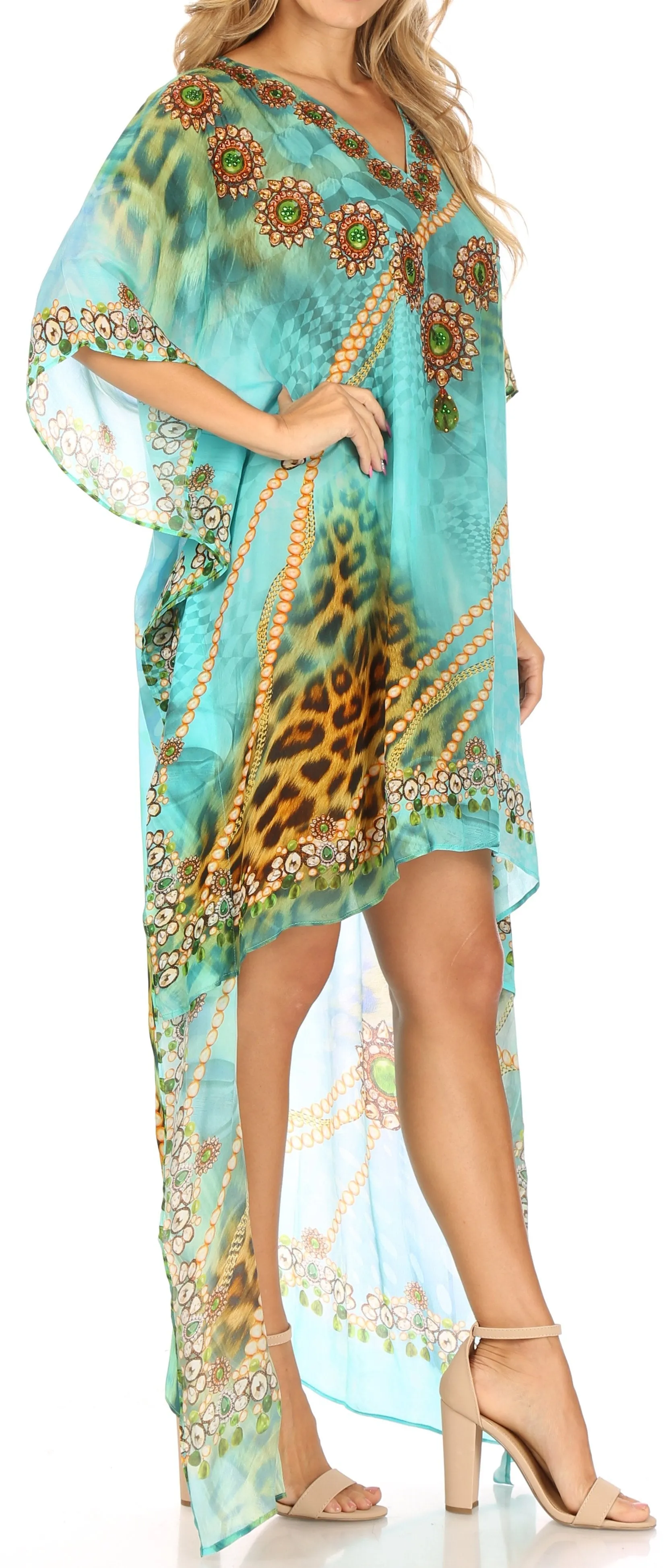 Sakkas Laisson Flowy Hi Low Caftan Rhinestone Boxy V Neck Dress Top Cover / Up