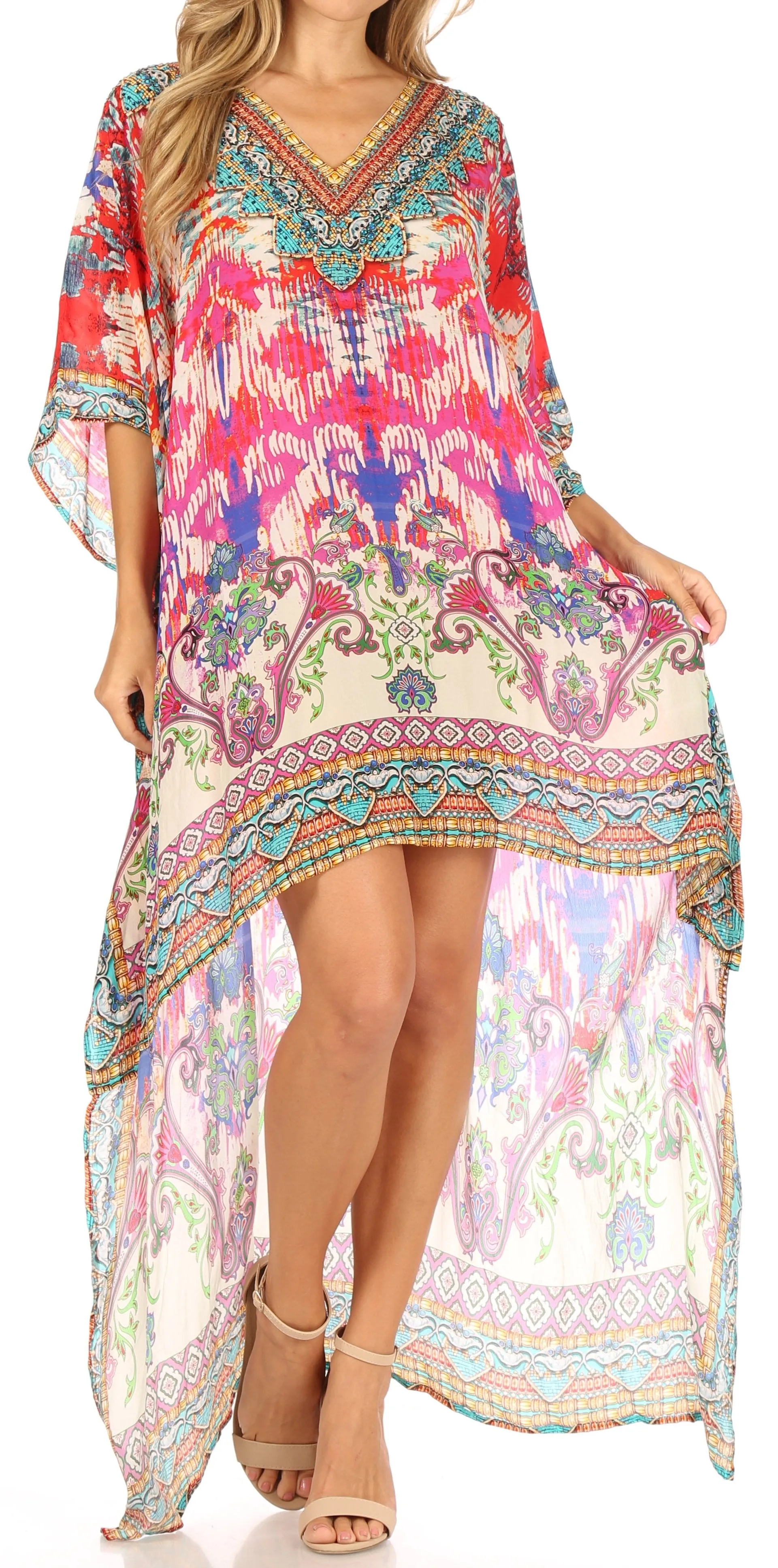 Sakkas Laisson Flowy Hi Low Caftan Rhinestone Boxy V Neck Dress Top Cover / Up