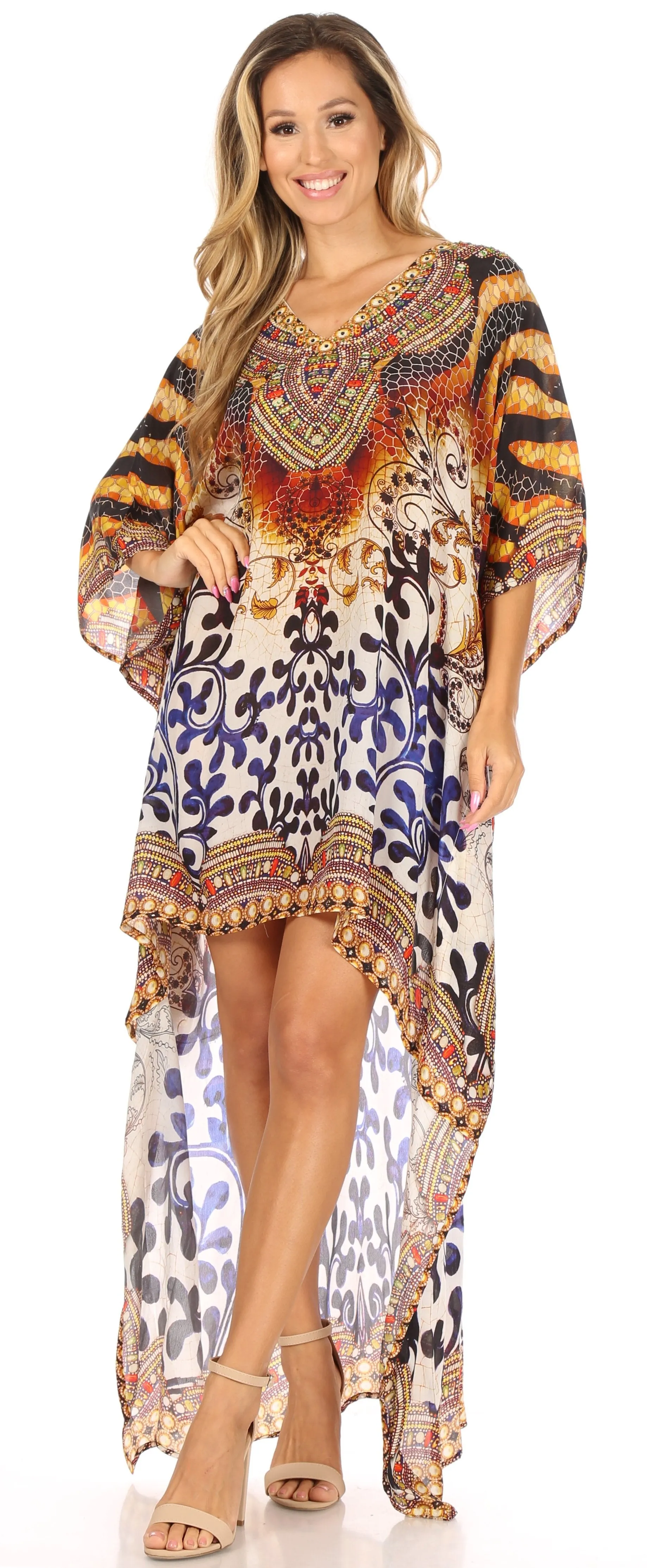 Sakkas Laisson Flowy Hi Low Caftan Rhinestone Boxy V Neck Dress Top Cover / Up