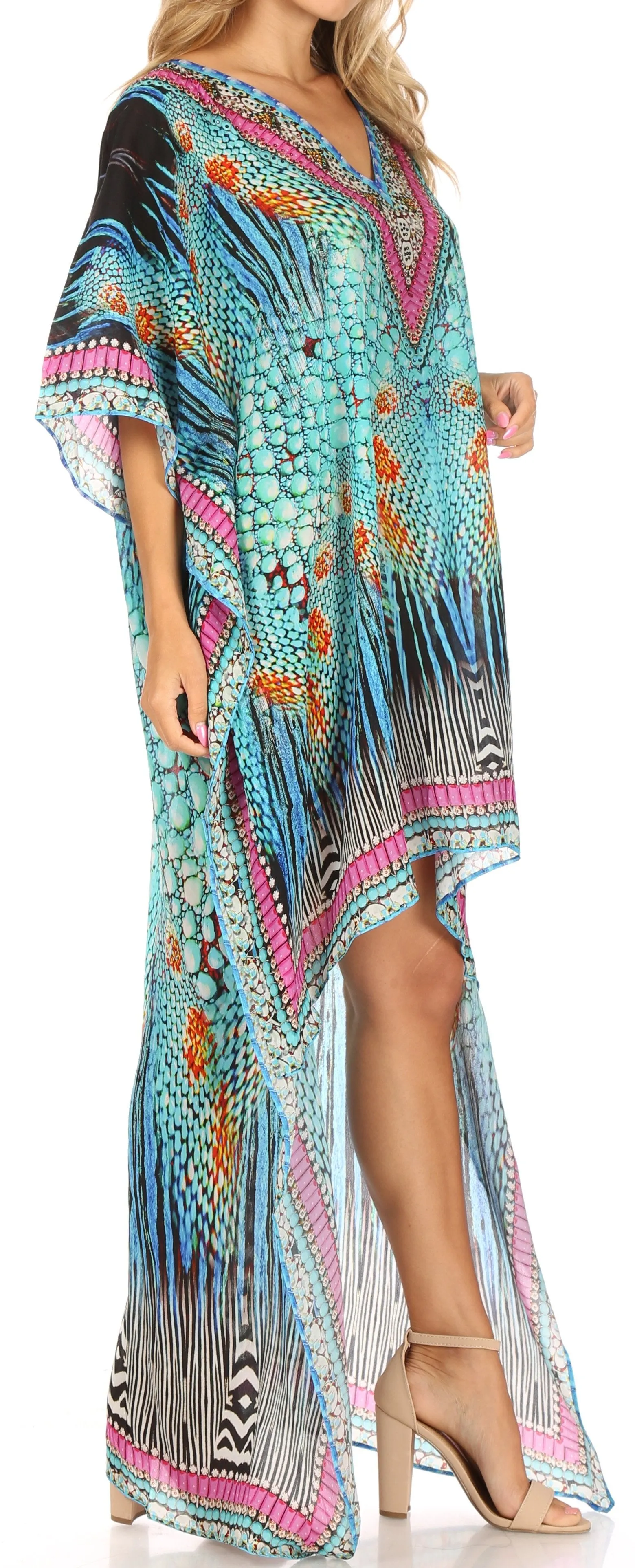 Sakkas Laisson Flowy Hi Low Caftan Rhinestone Boxy V Neck Dress Top Cover / Up