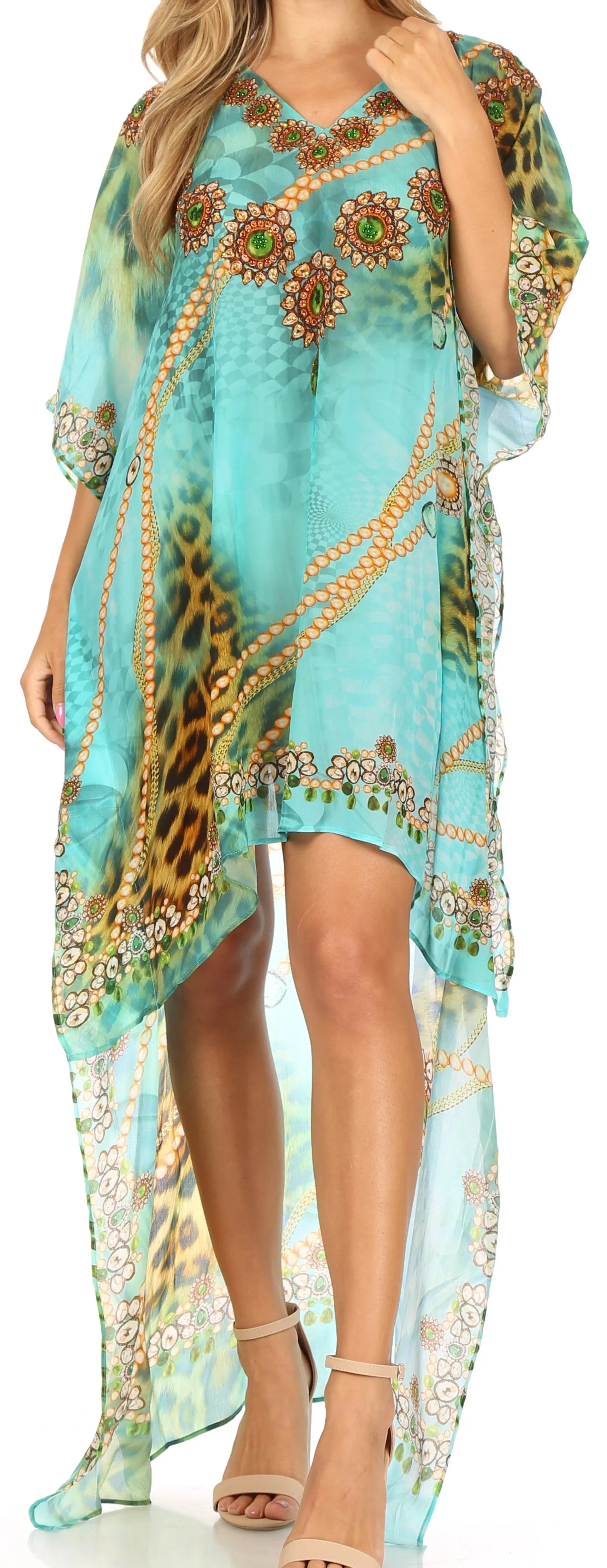 Sakkas Laisson Flowy Hi Low Caftan Rhinestone Boxy V Neck Dress Top Cover / Up