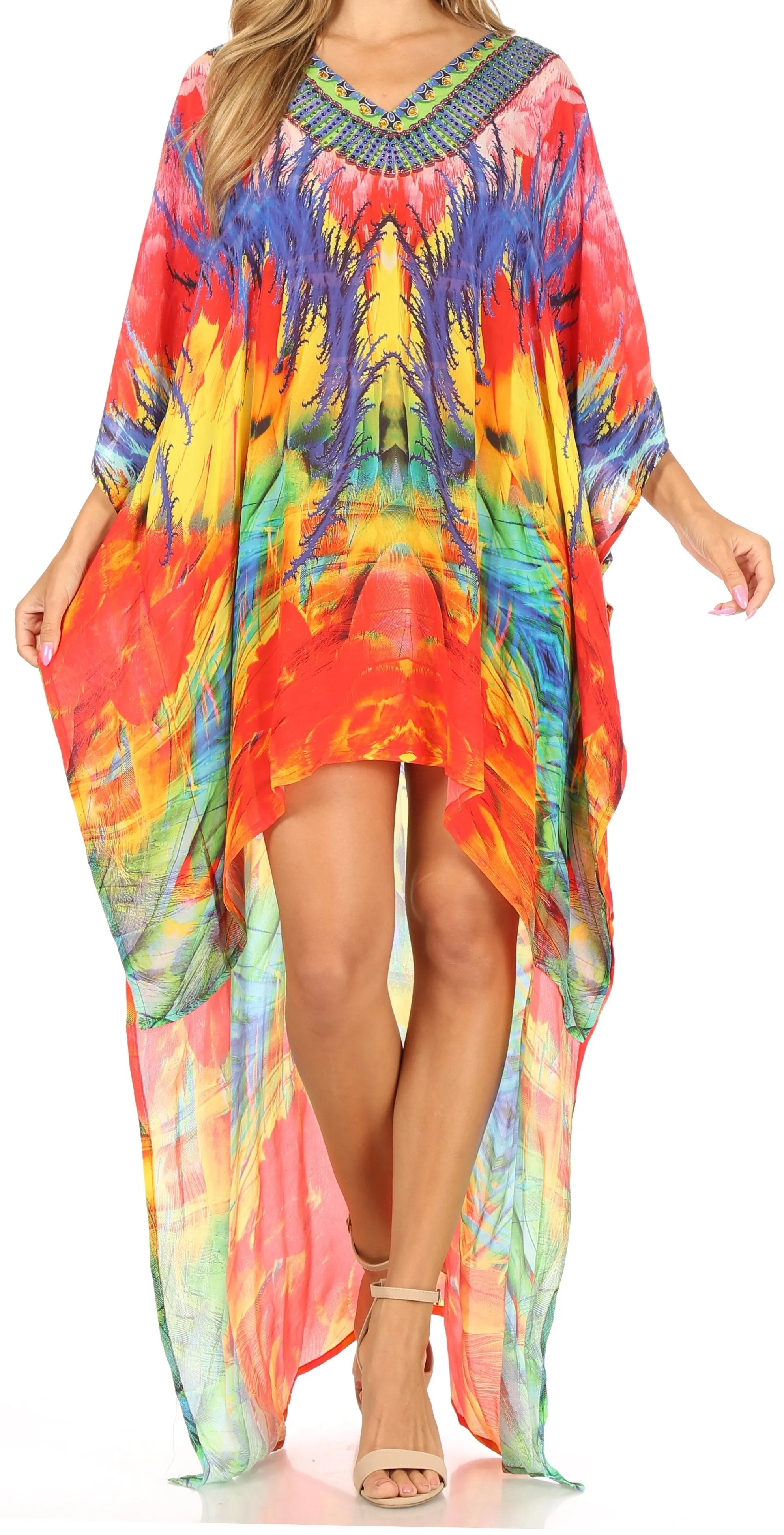 Sakkas Laisson Flowy Hi Low Caftan Rhinestone Boxy V Neck Dress Top Cover / Up