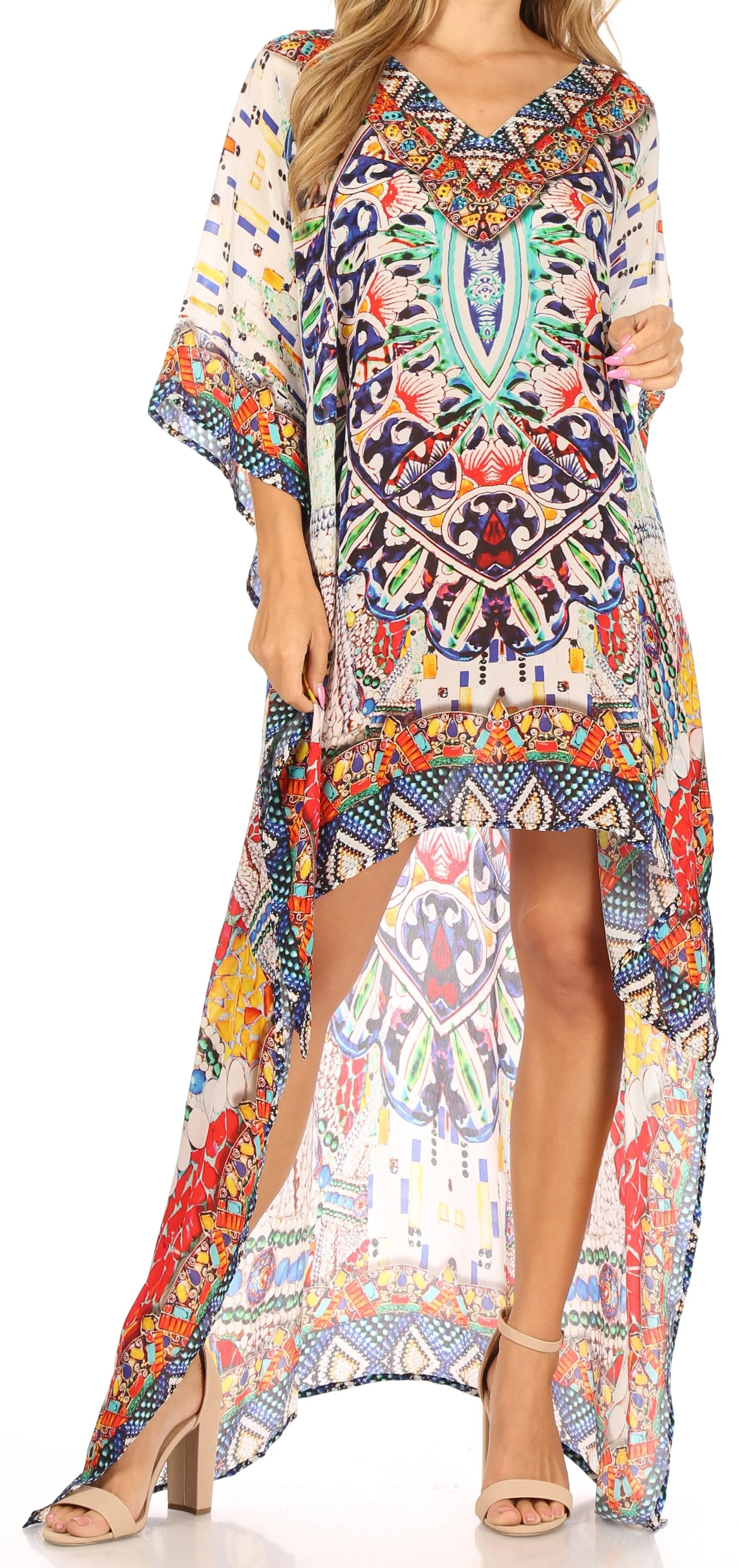 Sakkas Laisson Flowy Hi Low Caftan Rhinestone Boxy V Neck Dress Top Cover / Up