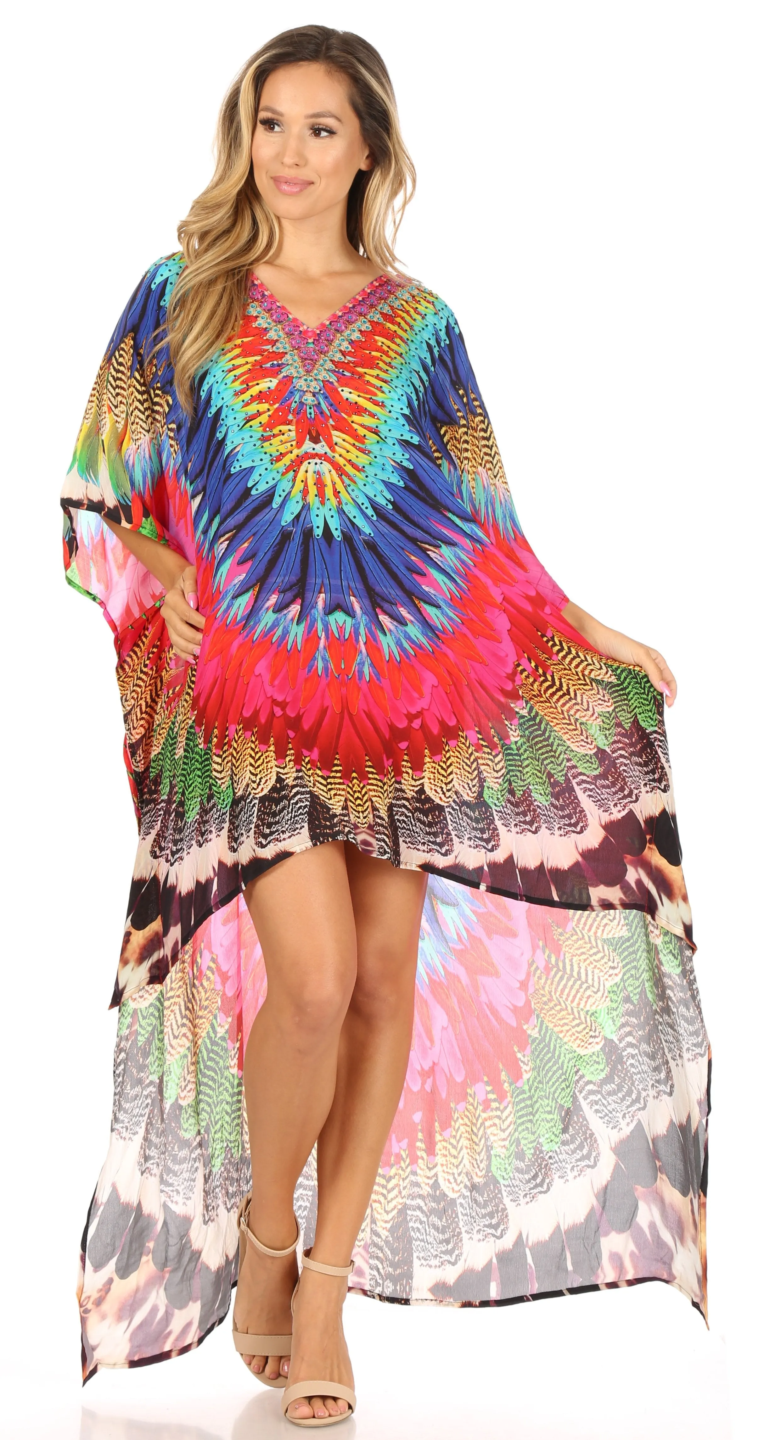 Sakkas Laisson Flowy Hi Low Caftan Rhinestone Boxy V Neck Dress Top Cover / Up