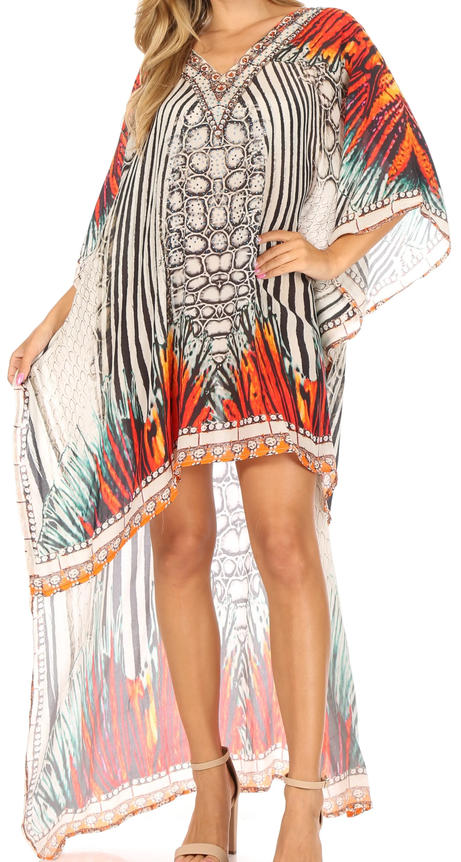 Sakkas Laisson Flowy Hi Low Caftan Rhinestone Boxy V Neck Dress Top Cover / Up