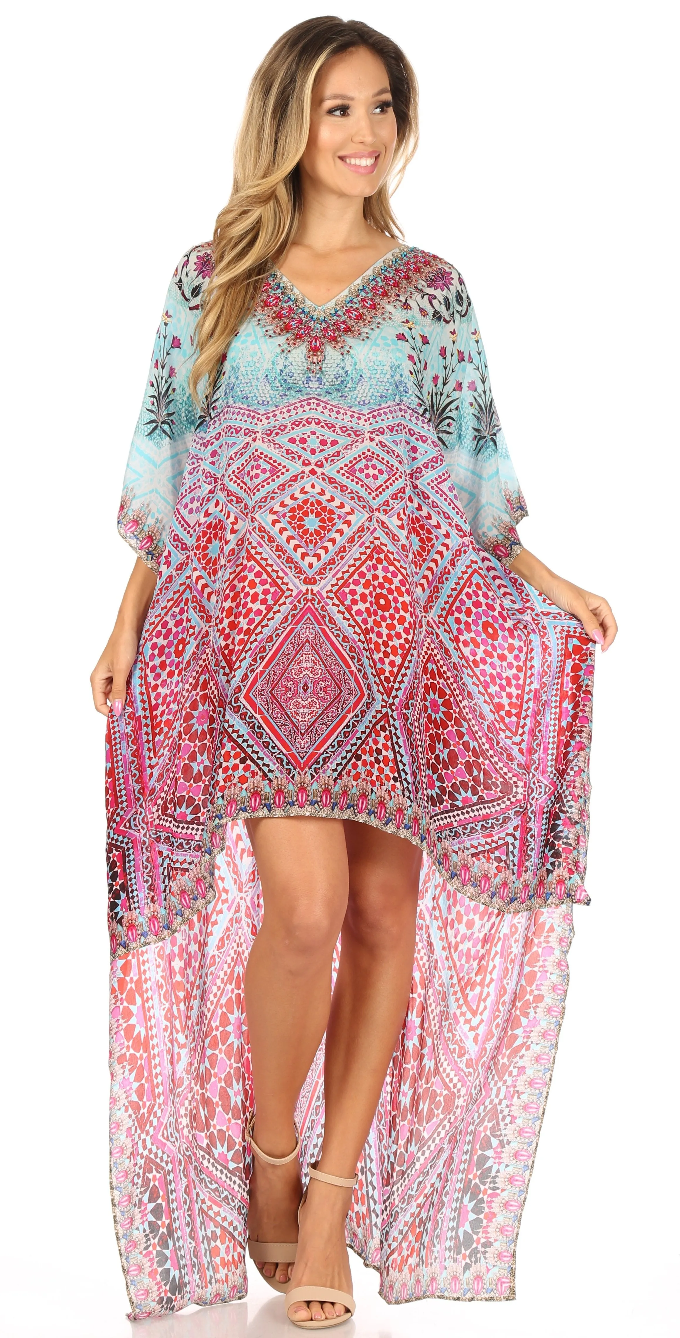 Sakkas Laisson Flowy Hi Low Caftan Rhinestone Boxy V Neck Dress Top Cover / Up