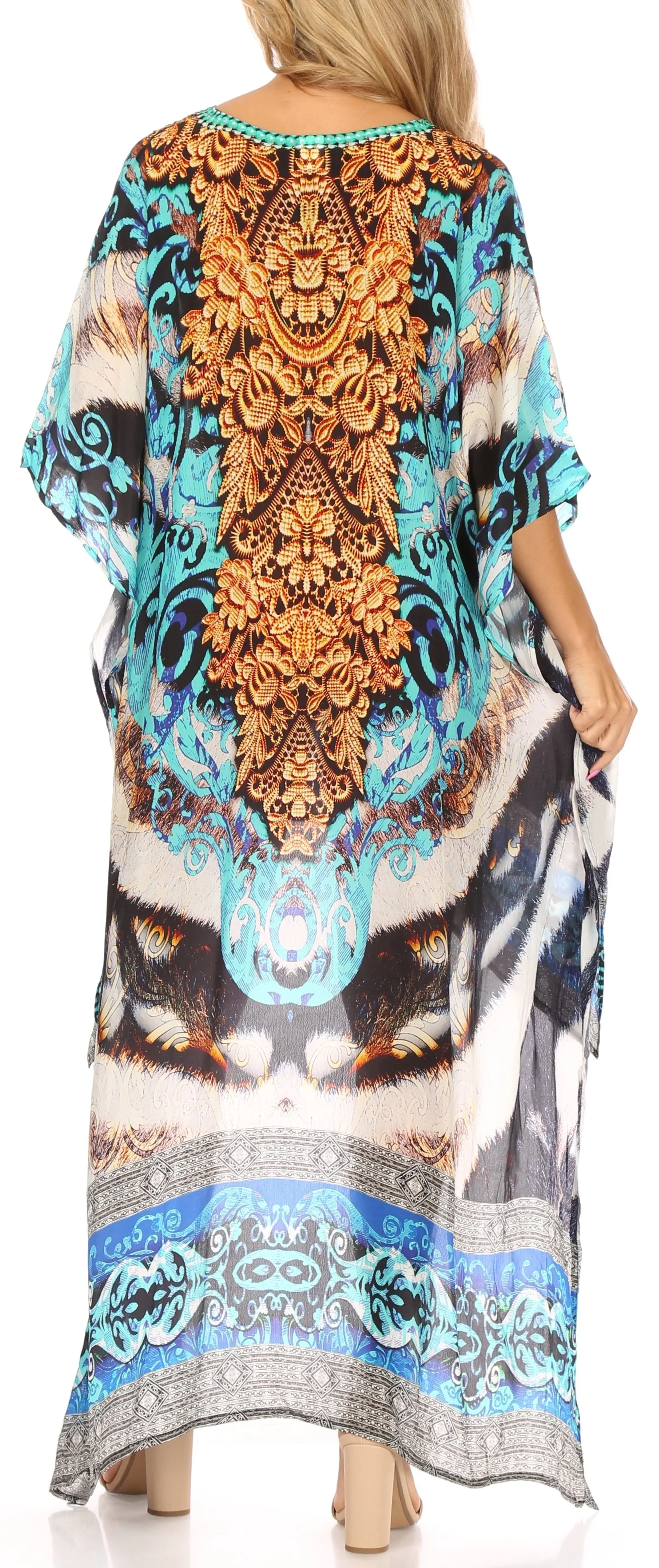 Sakkas Laisson Flowy Hi Low Caftan Rhinestone Boxy V Neck Dress Top Cover / Up