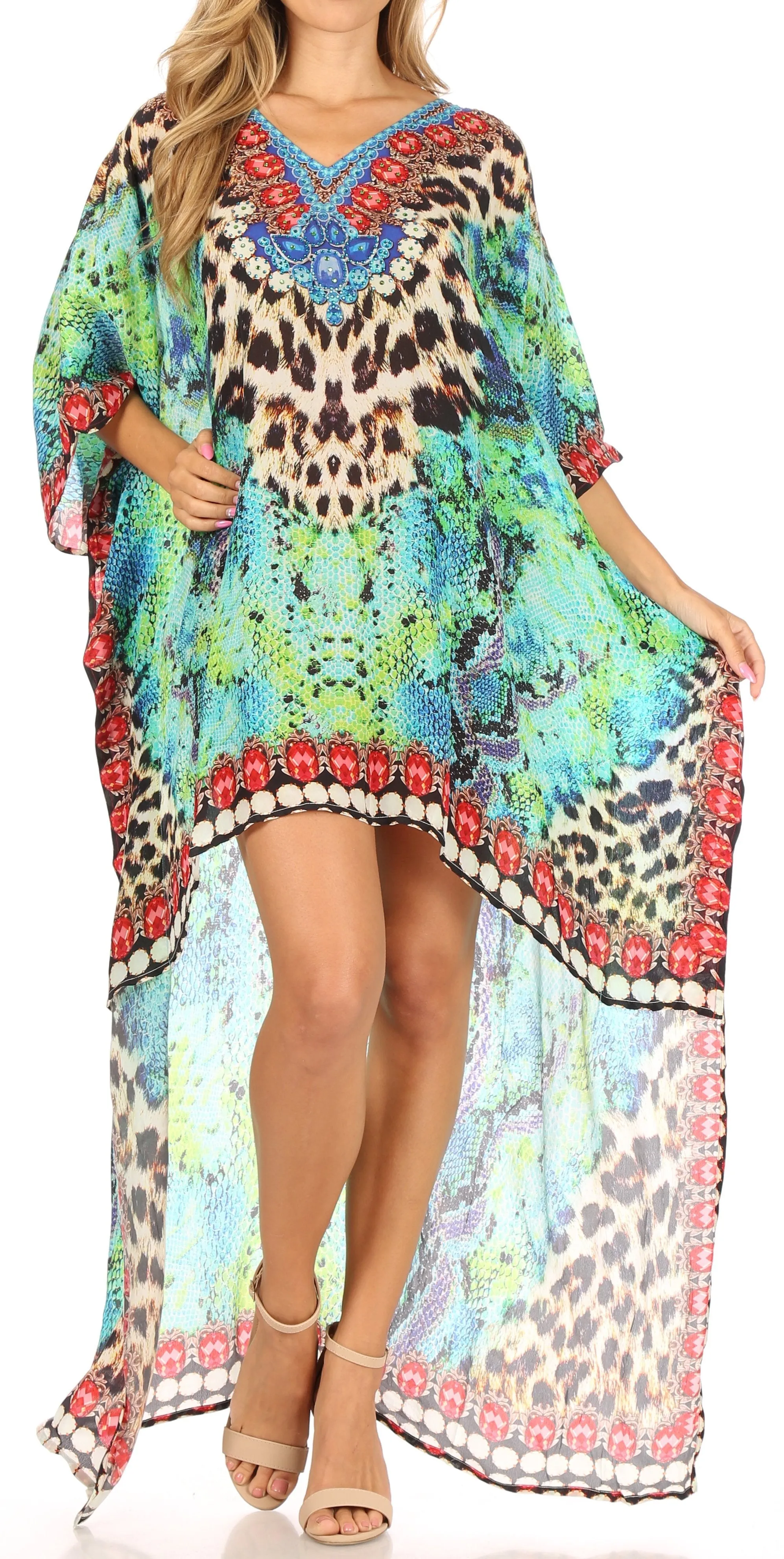 Sakkas Laisson Flowy Hi Low Caftan Rhinestone Boxy V Neck Dress Top Cover / Up